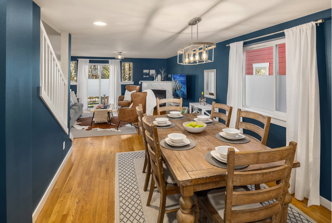 Blue dining room and living area