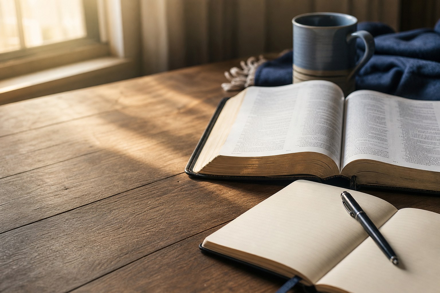 An open Bible and journal in warm morning light