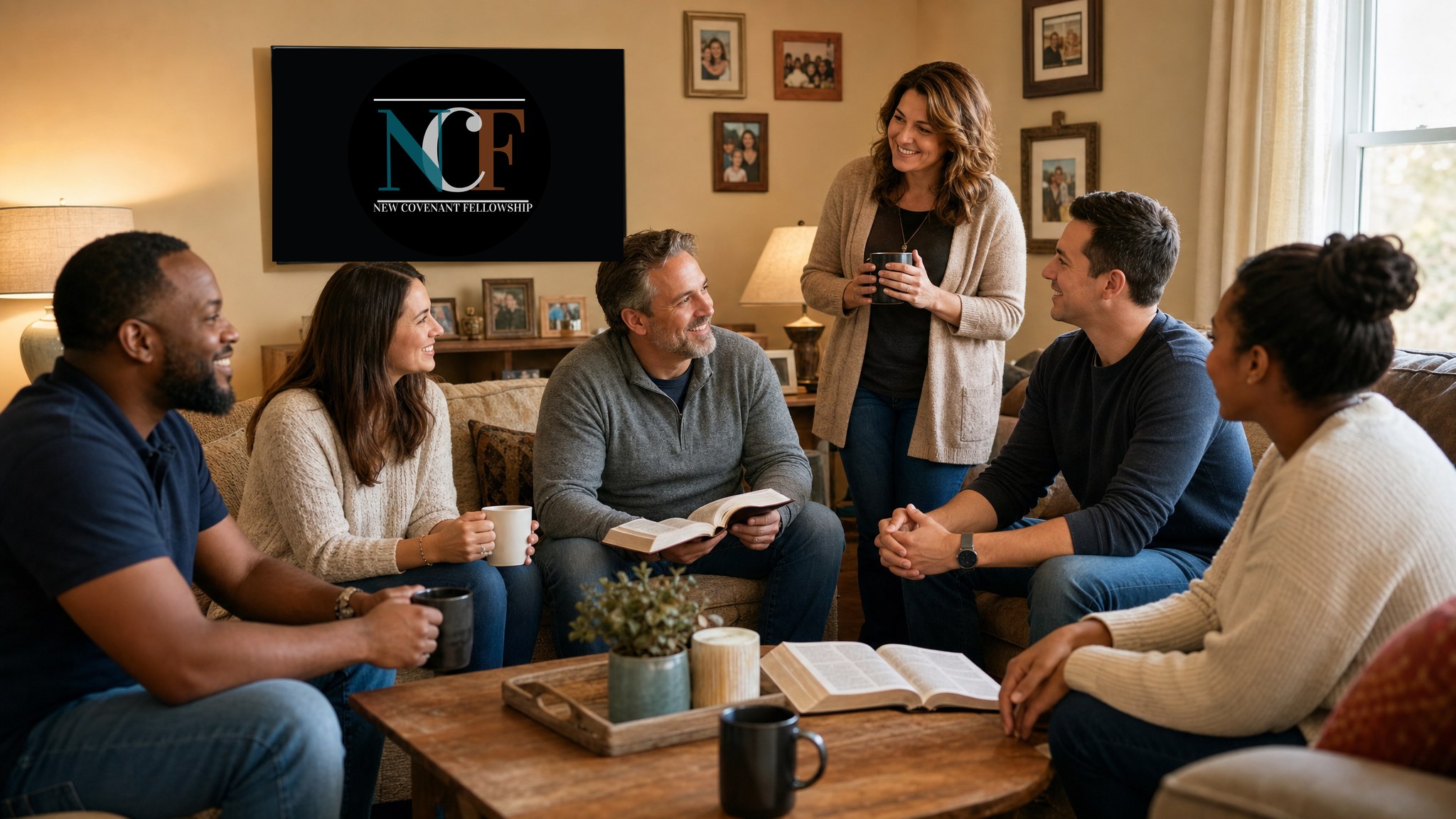 Small group sharing conversation and Bibles in a living room
