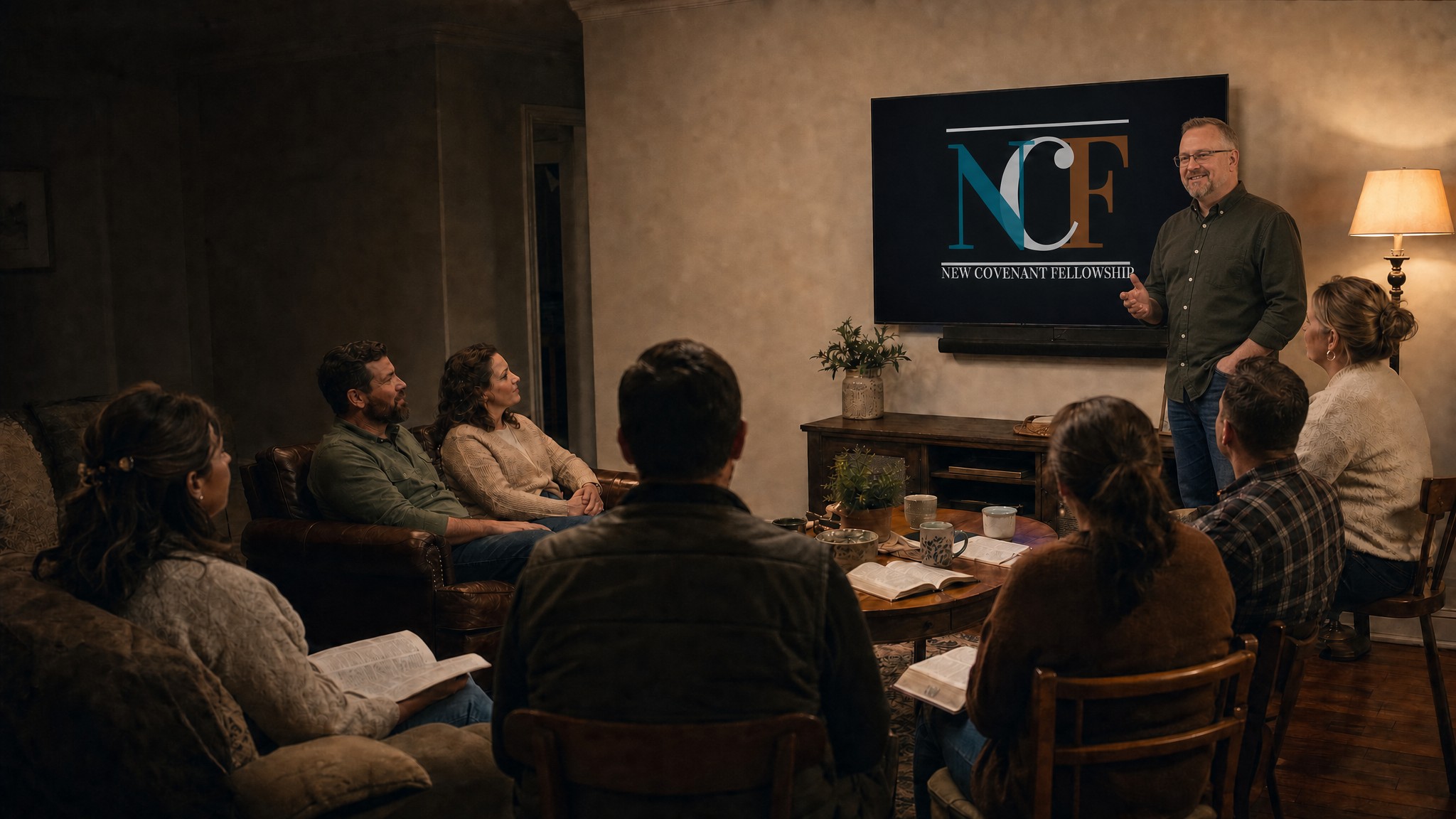 Pastor teaching a small group in a living room beside a television