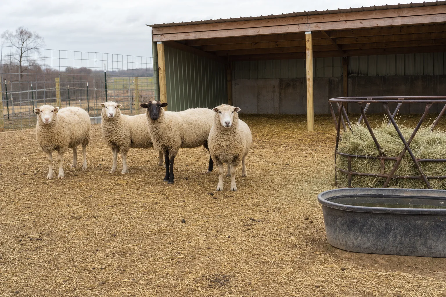 Small flock in a dry-lot area beside shelter, hay, and water