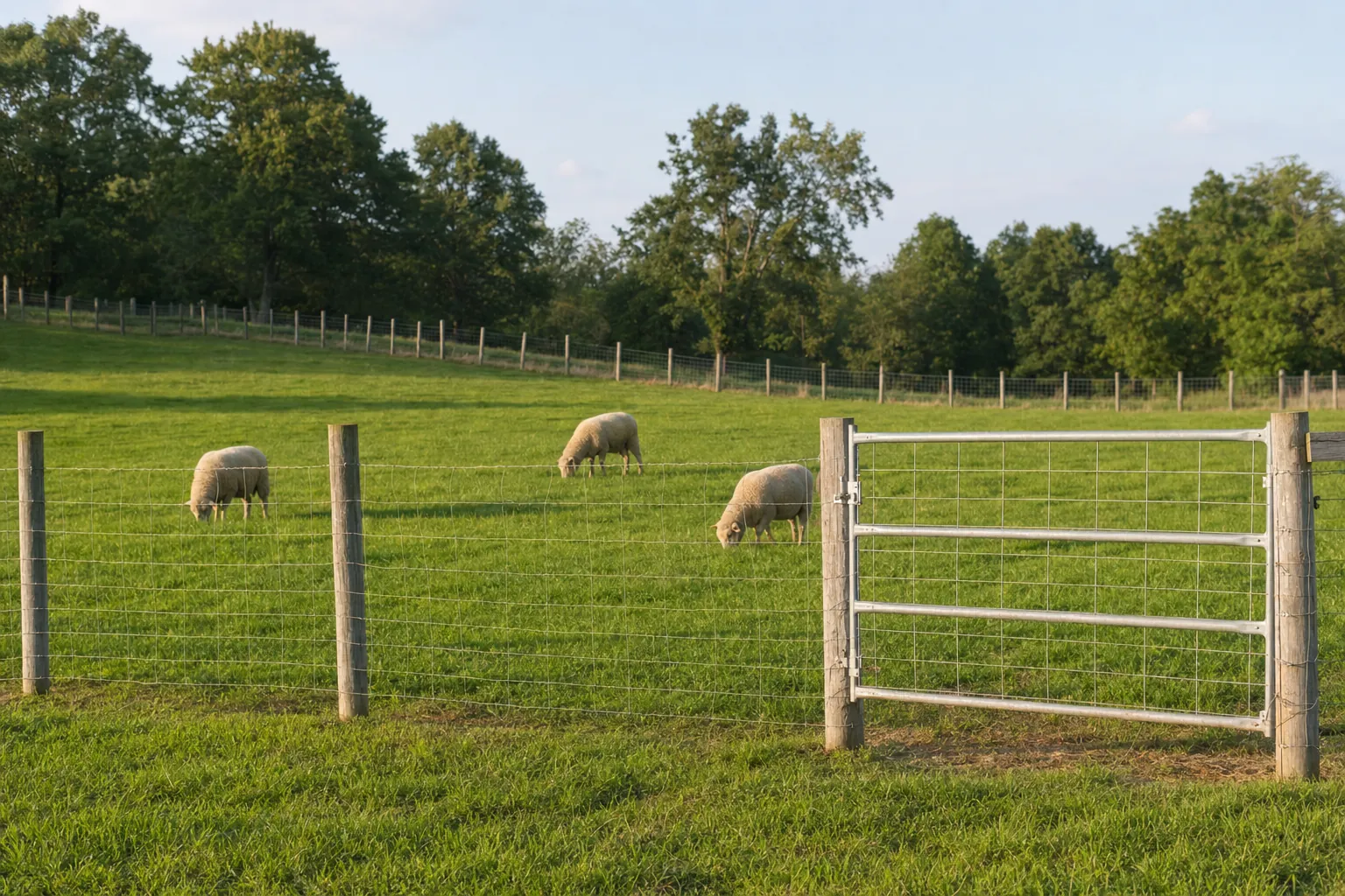 Secure woven-wire fence and pasture gate with sheep grazing beyond it