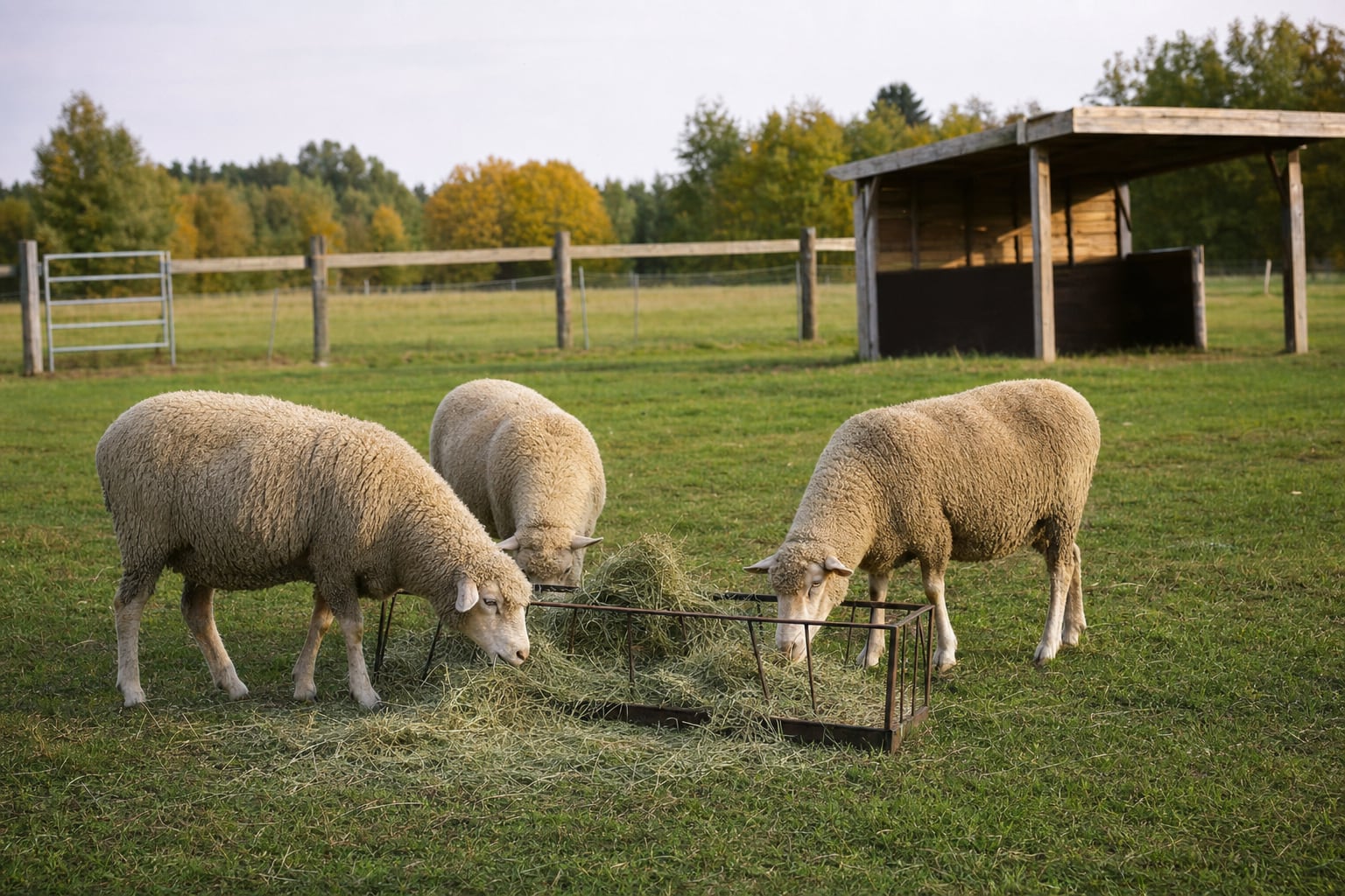 Three wool sheep eating grass hay from a feeder in a fenced pasture