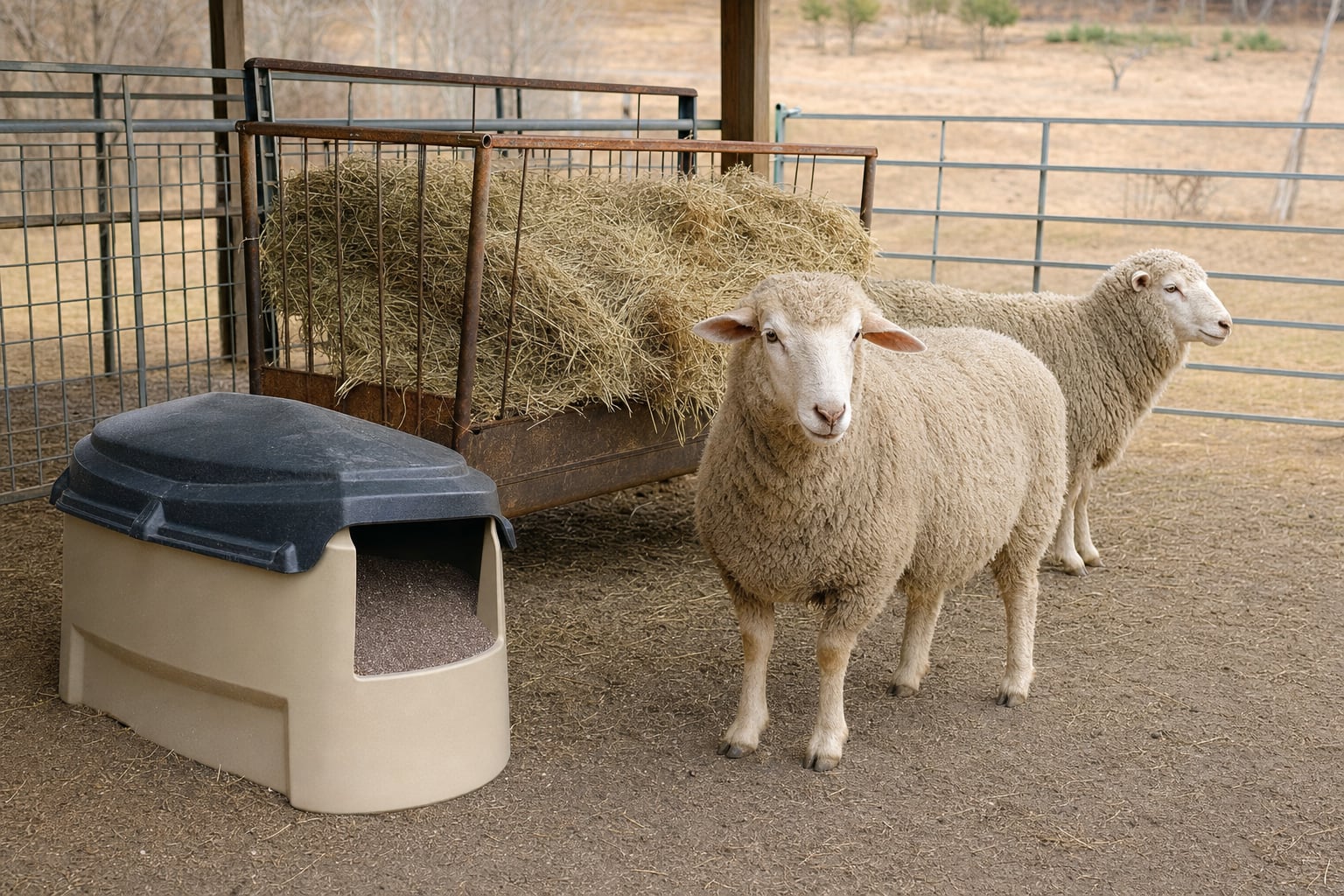 Covered mineral feeder beside hay in a dry sheep pen