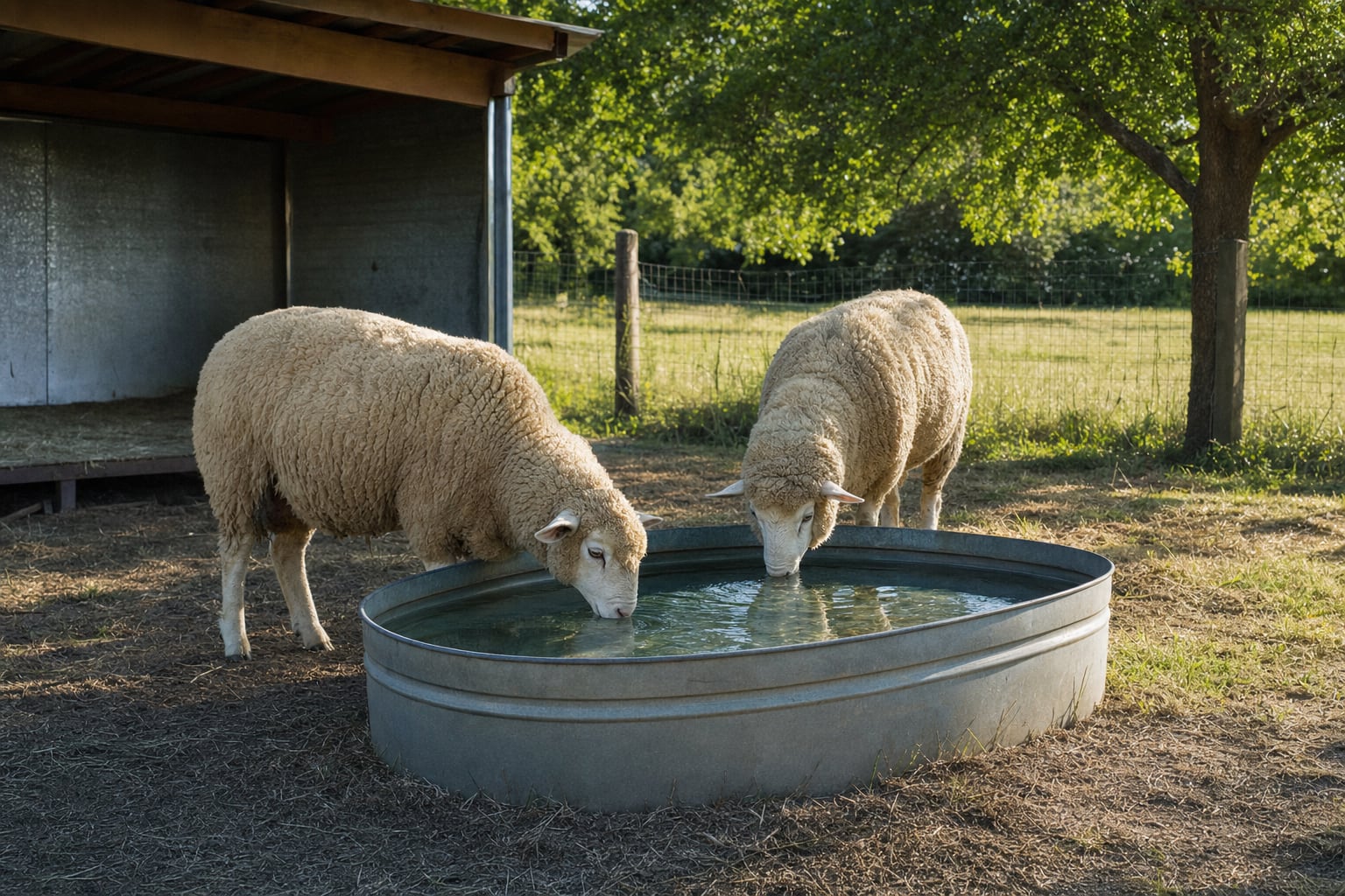 Two wool sheep drinking from a clean livestock trough beside a small shelter
