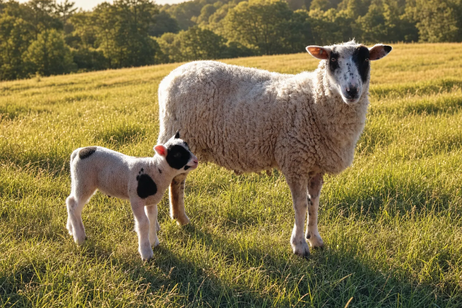 Harlequin ewe and lamb standing in a sunlit pasture