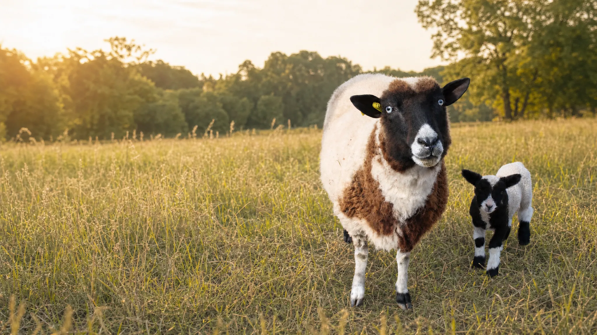 Harlequin ewe and lamb in a sunlit meadow