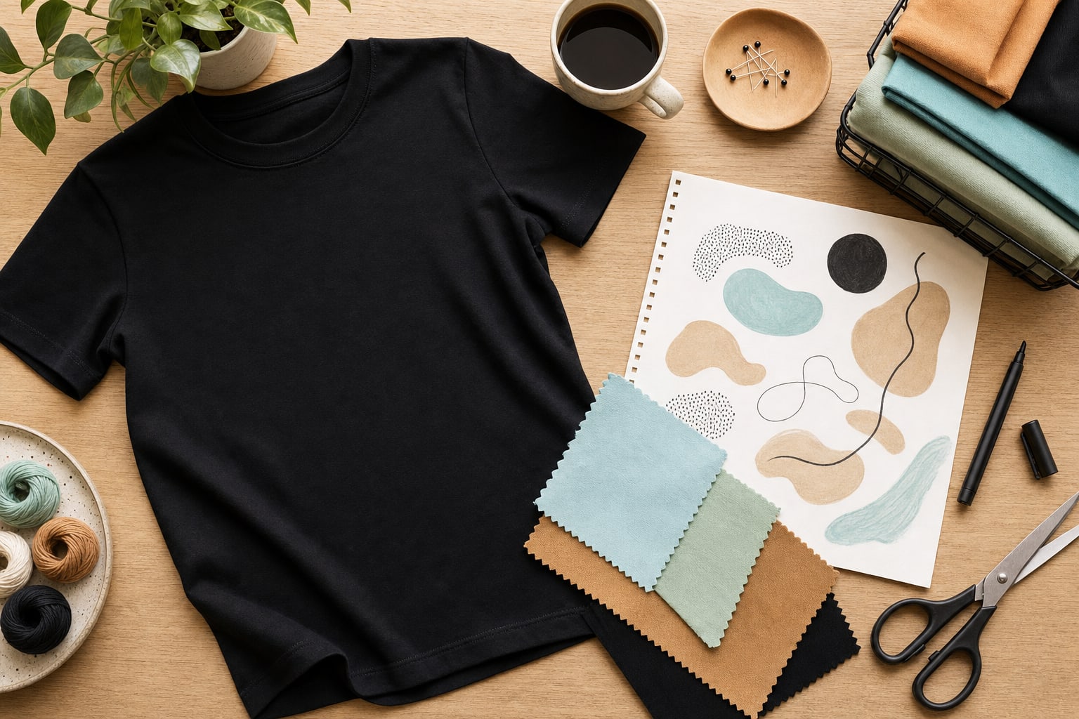 Creative workspace with shirt design materials