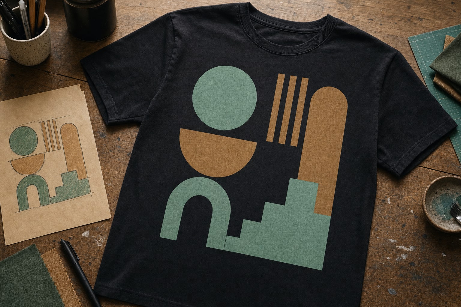 Black T-shirt with a colorful custom graphic on a craft table