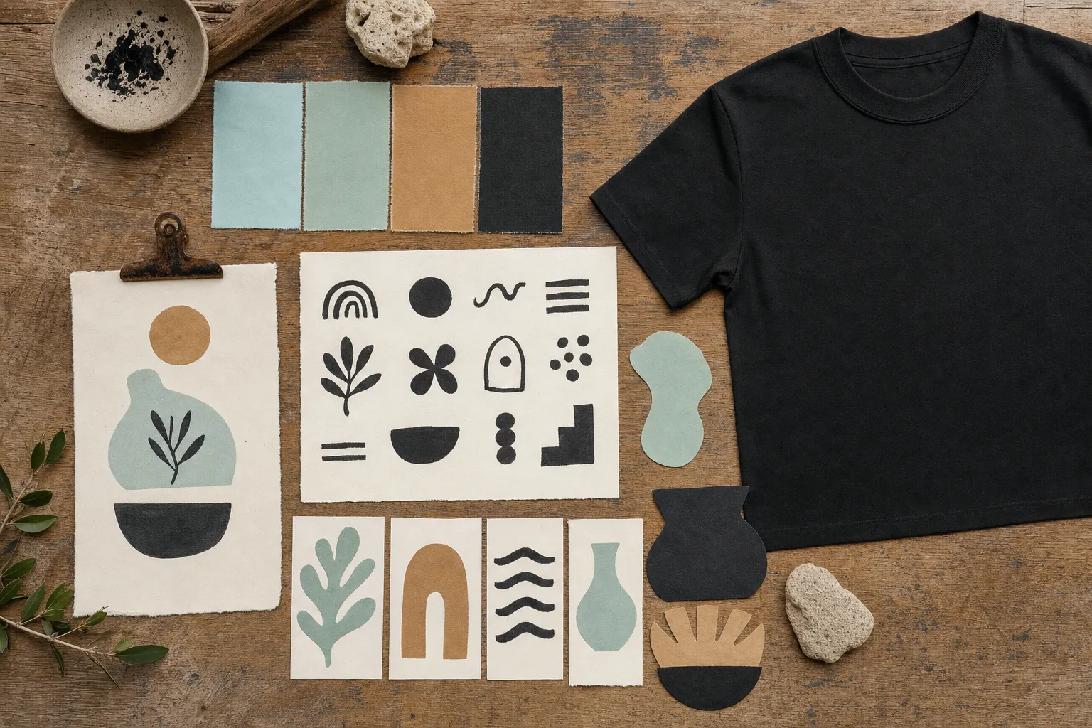 T-shirt design mood board with color swatches and sketches