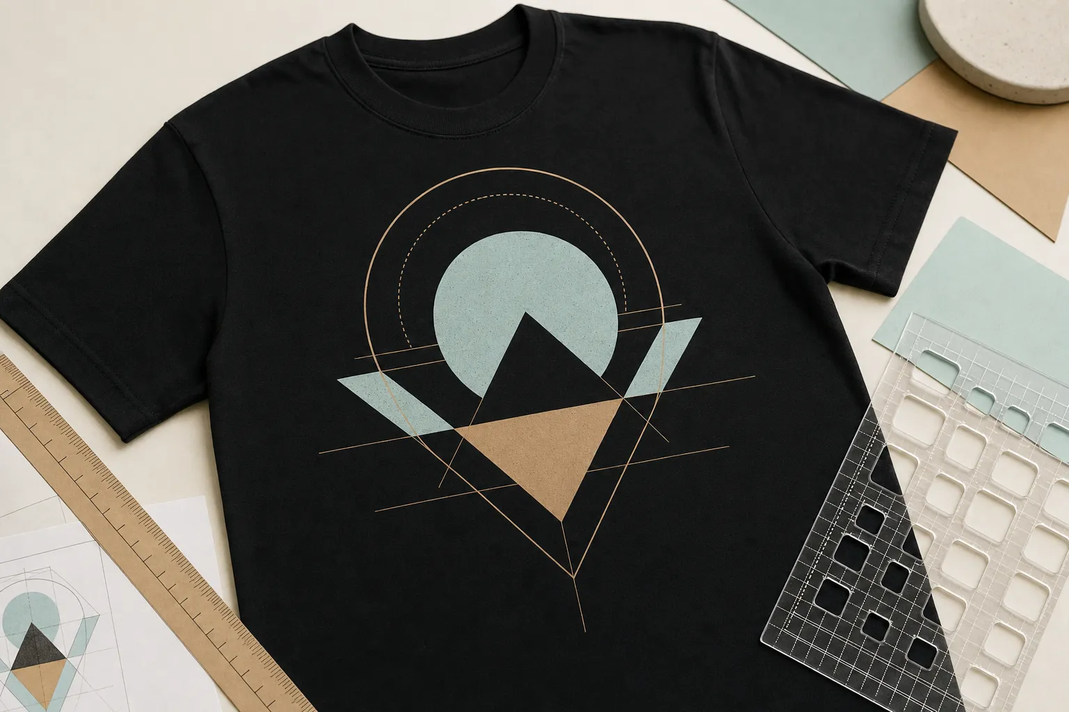 Custom T-shirt layout with centered artwork and measuring guide