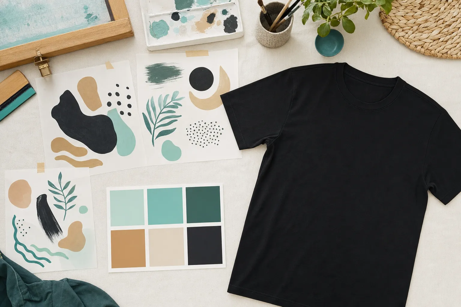 Artwork sheets, color palette, and black blank T-shirt ready for a custom order