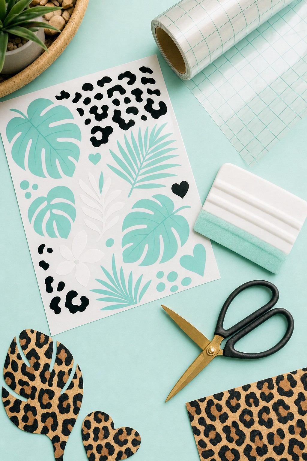 Mint, white, and black vinyl decals on a craft table