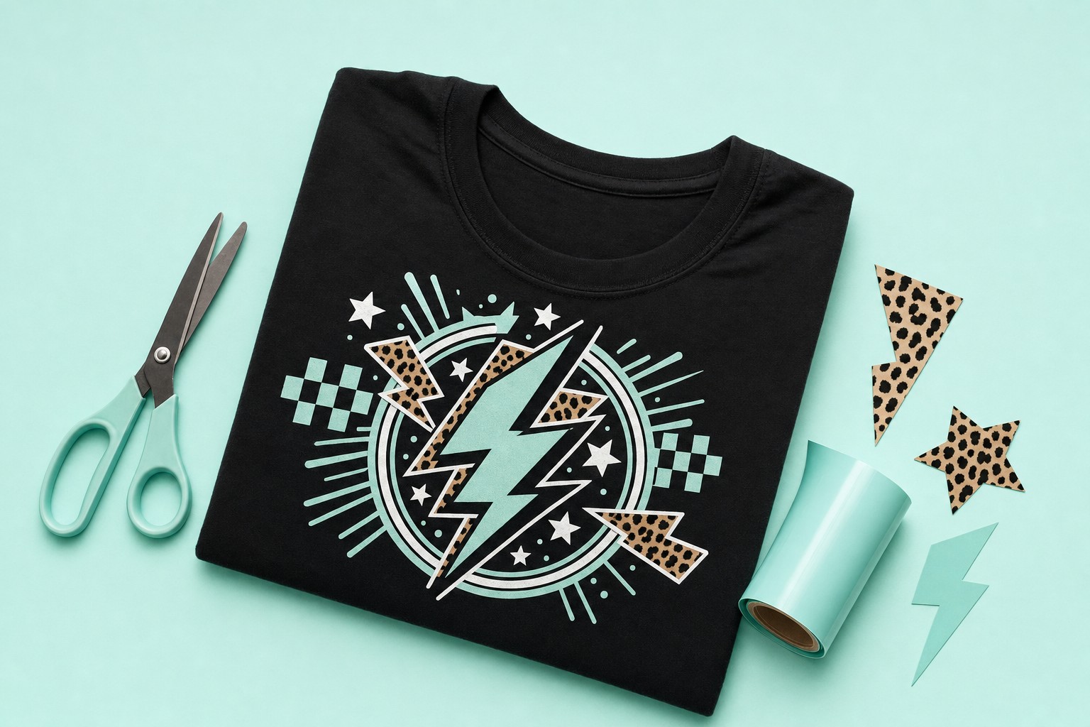 Black custom graphic T-shirt with mint vinyl and leopard-print accents
