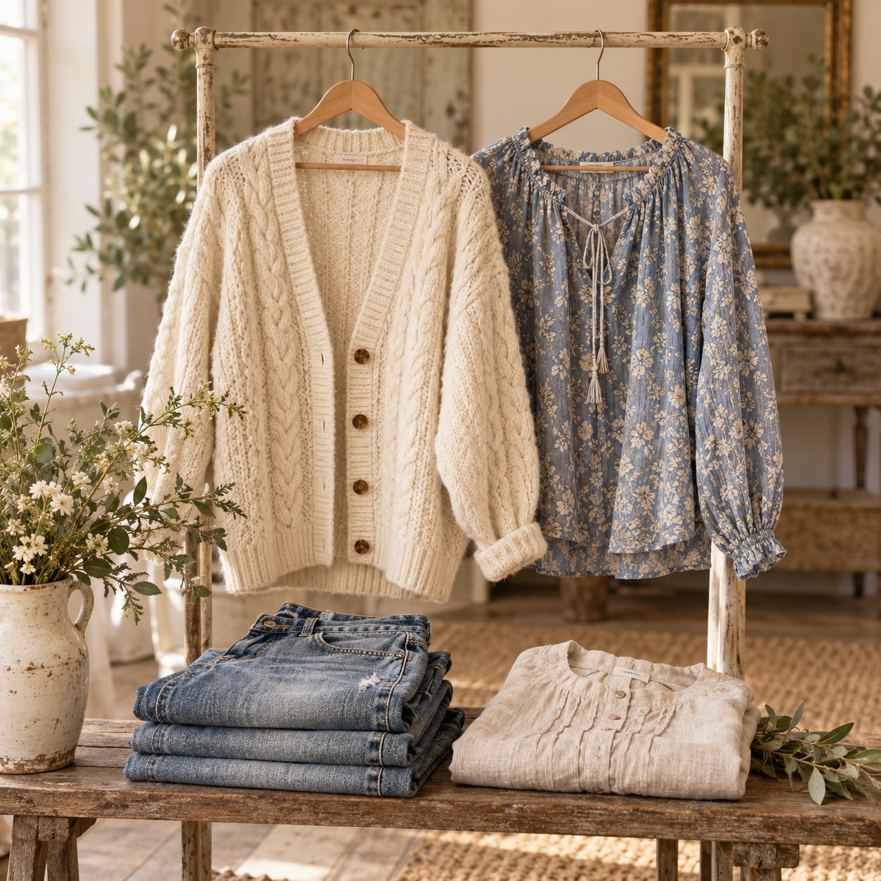 Vintage-inspired clothing in soft blue and cream