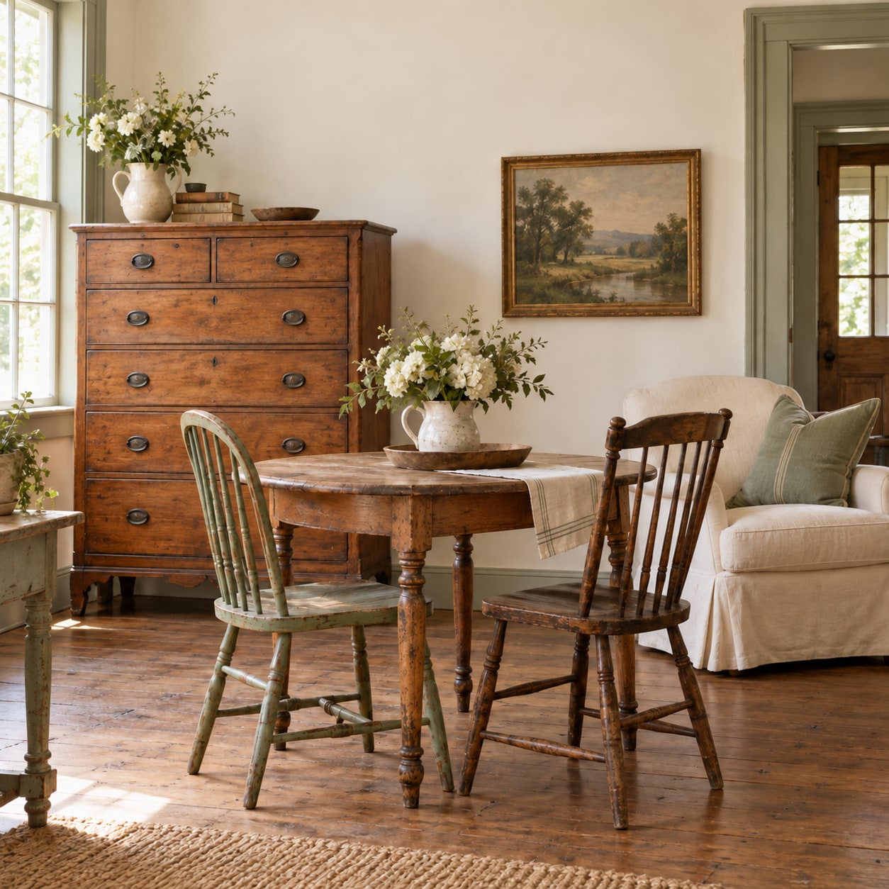 Vintage wooden dining furniture in a sunlit room
