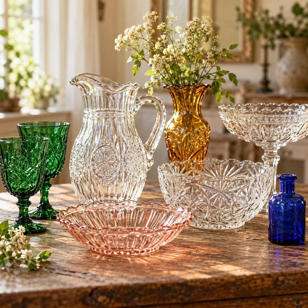 Cut-glass goblets and blue-and-white tableware set on a wooden table