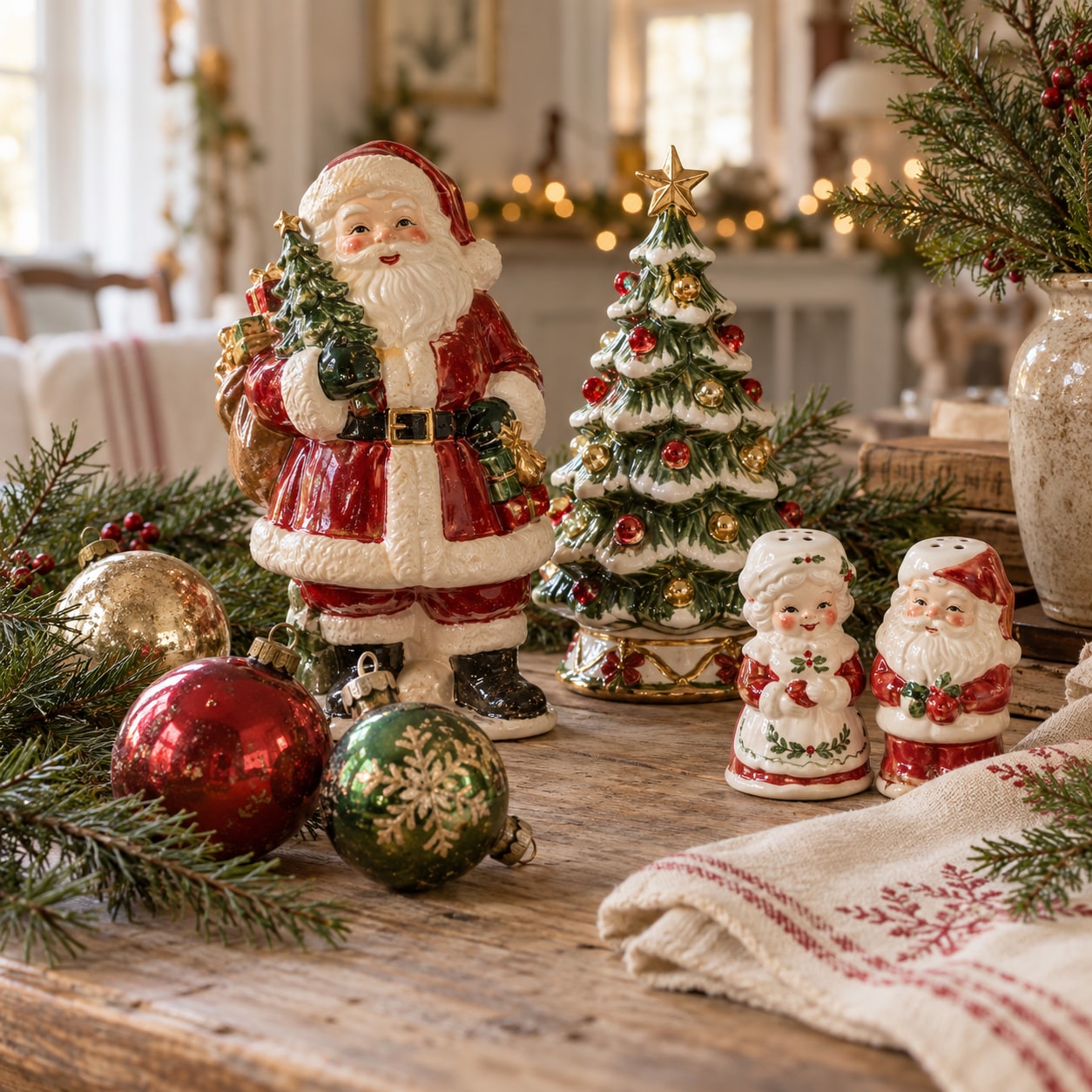 Vintage-inspired Santa and Christmas tree figurines