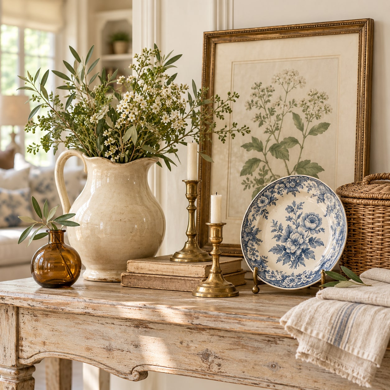 Vintage blue-and-white china, brass candlesticks, and a flower-filled pitcher