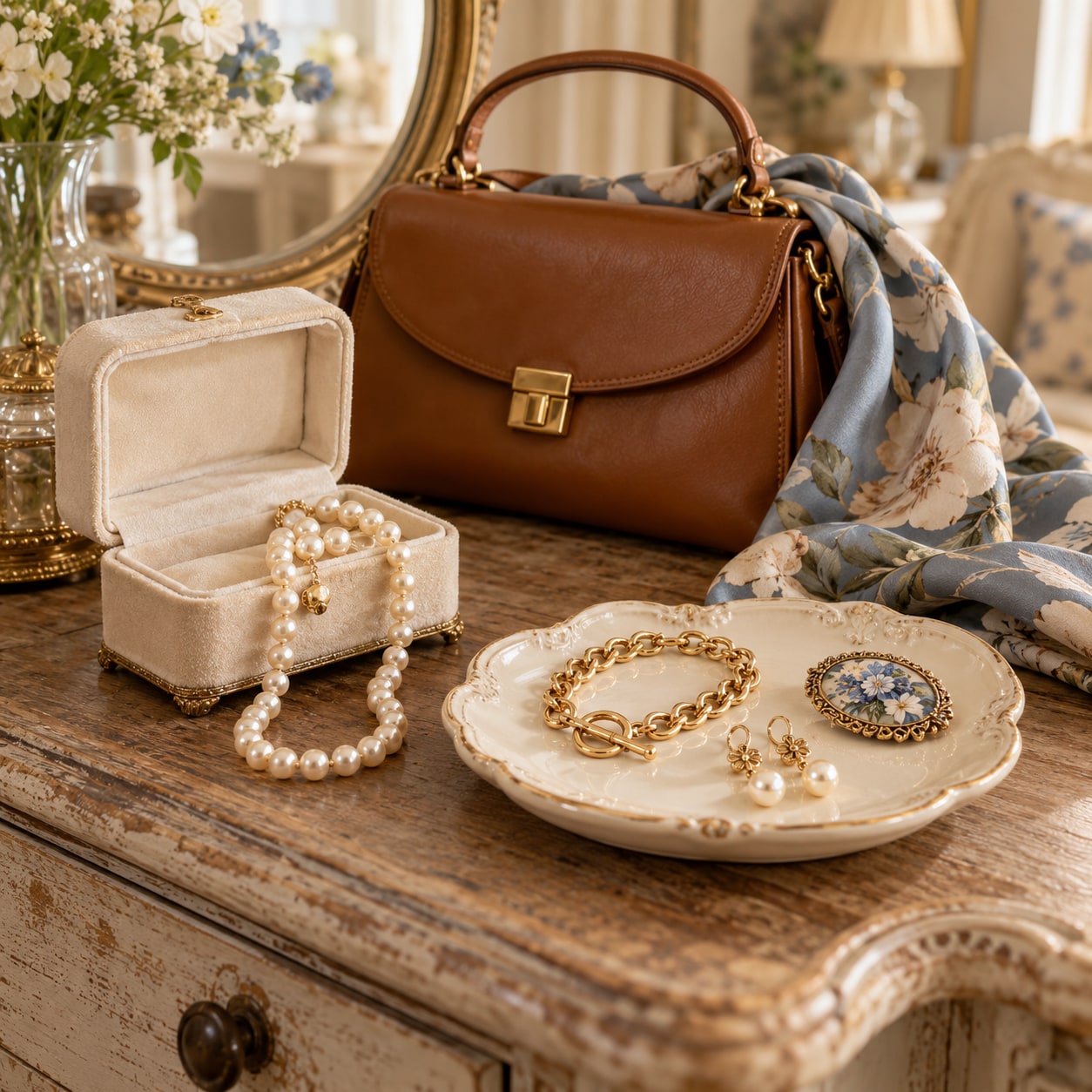 Vintage-style handbag, jewelry, and floral scarf