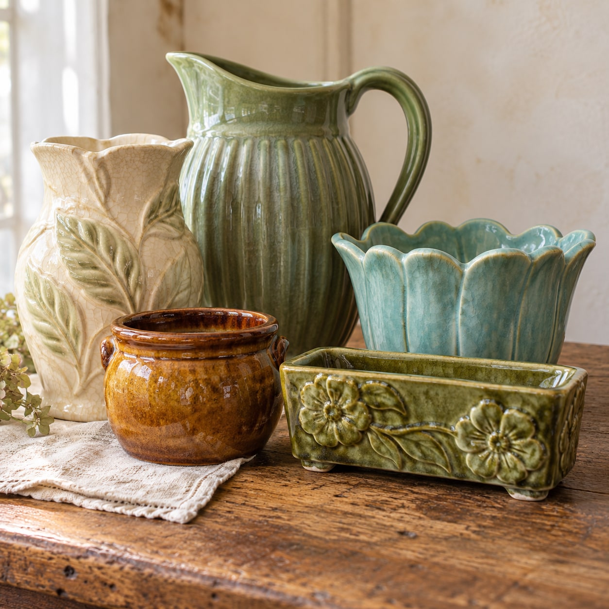 Vintage McCoy pottery in earthy green glazes