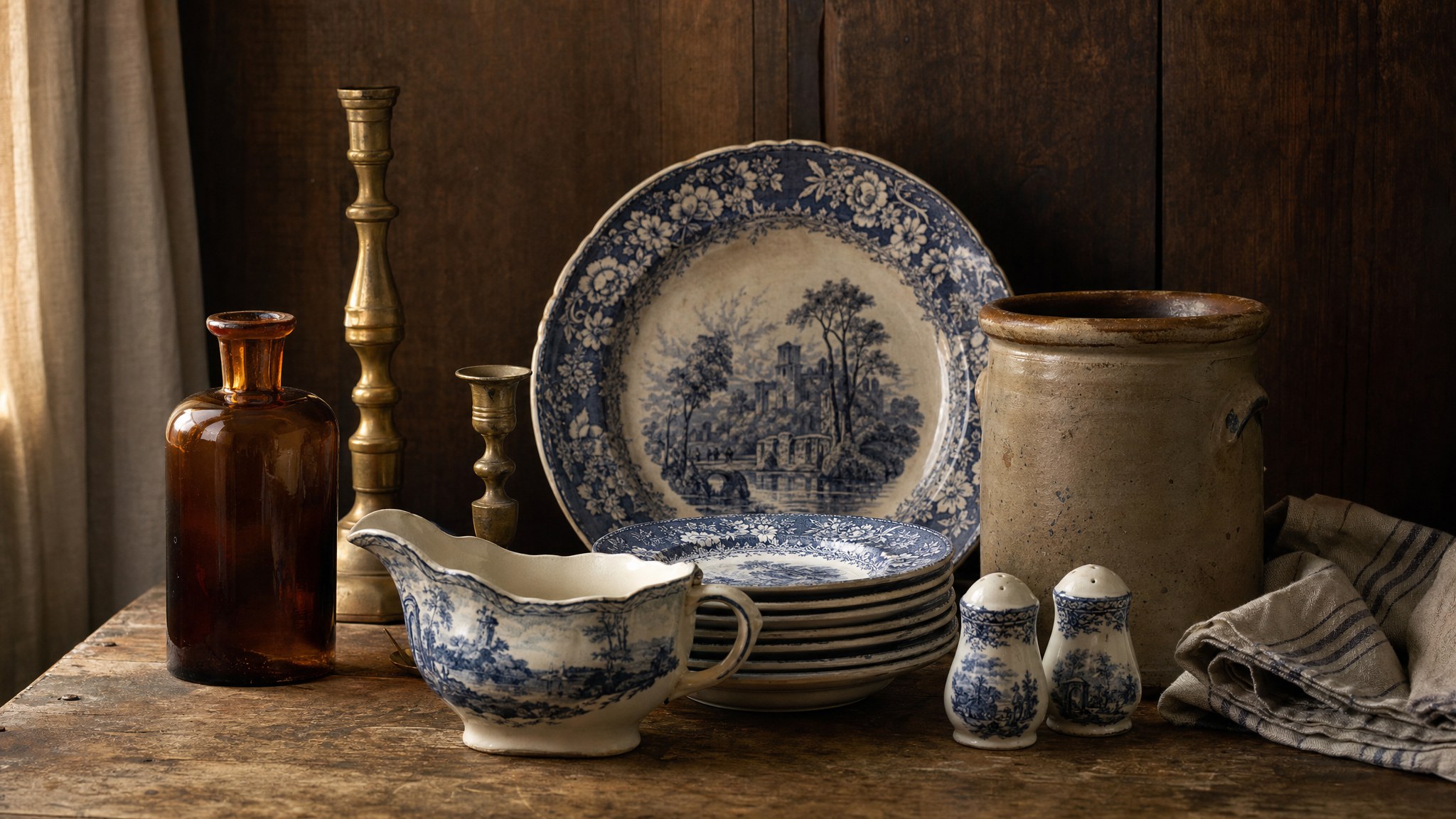 Blue transferware, brass candlesticks, amber glass, and vintage salt and pepper shakers
