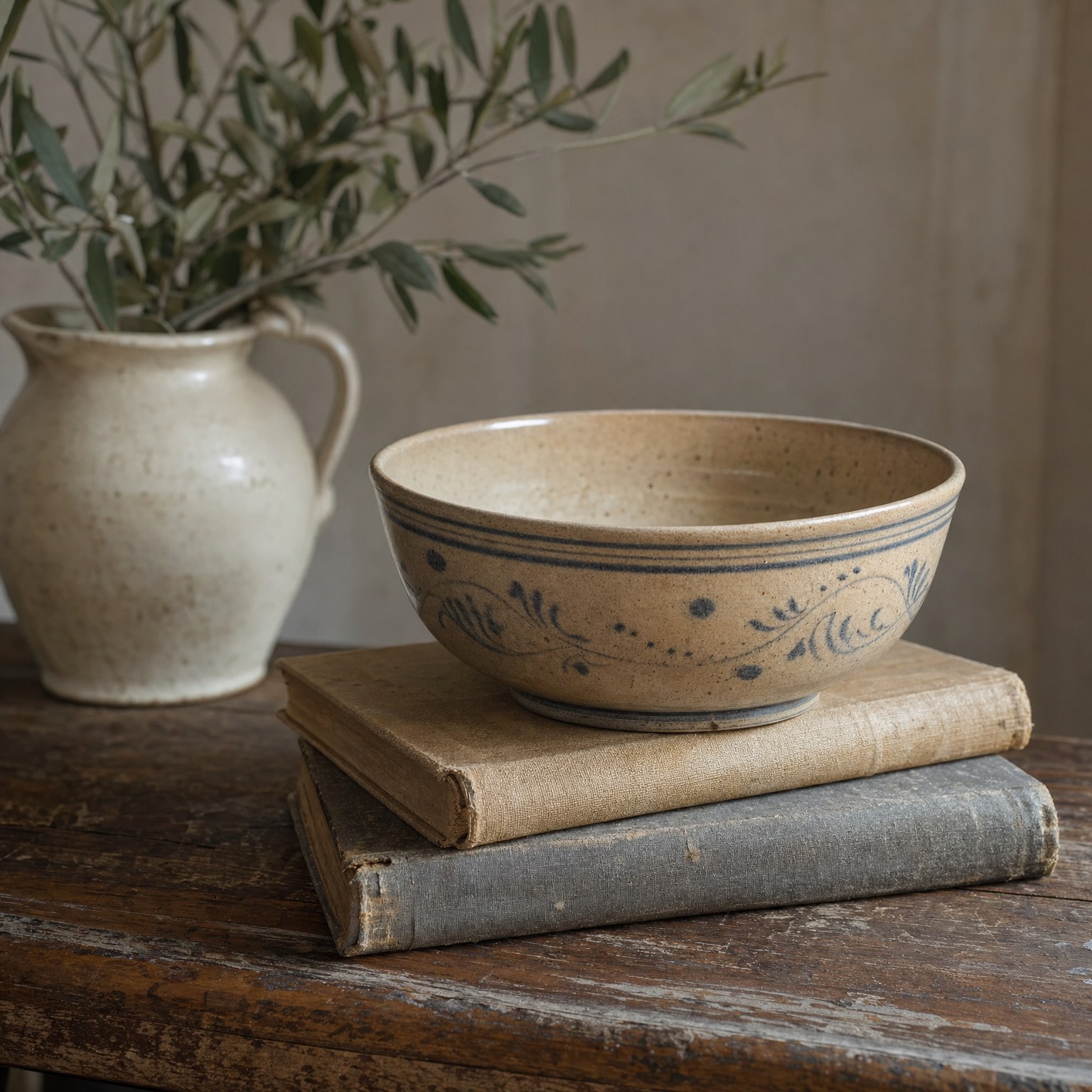 Stoneware bowl resting on old books on a wooden table