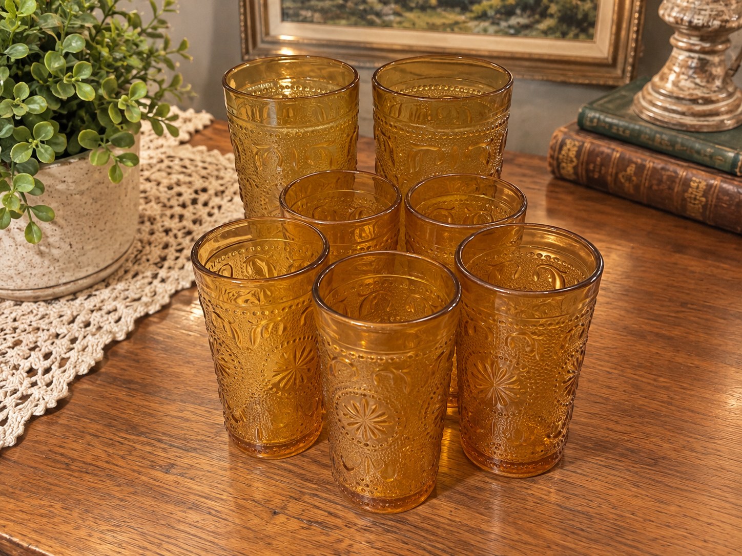 Amber embossed vintage glass tumblers arranged together