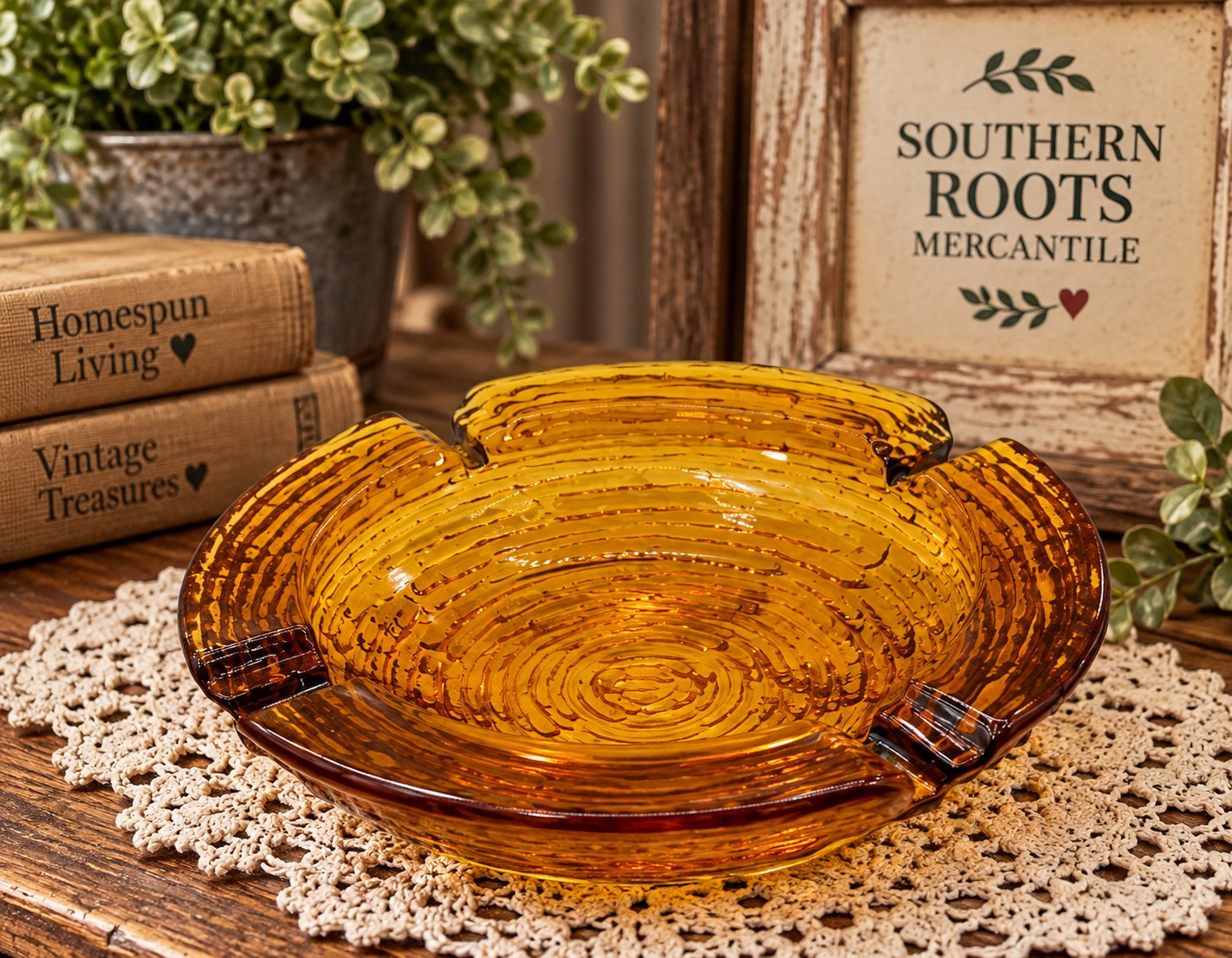 Amber glass dish with a warm, honey-colored finish