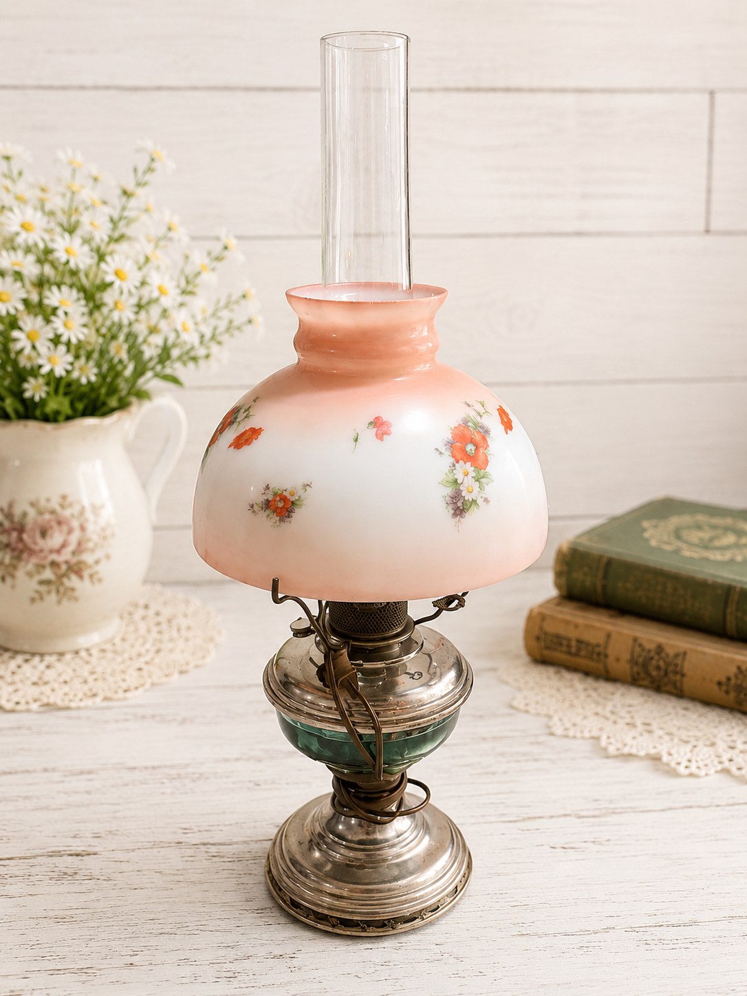 Hand-painted milk glass hurricane lamp with delicate floral decoration