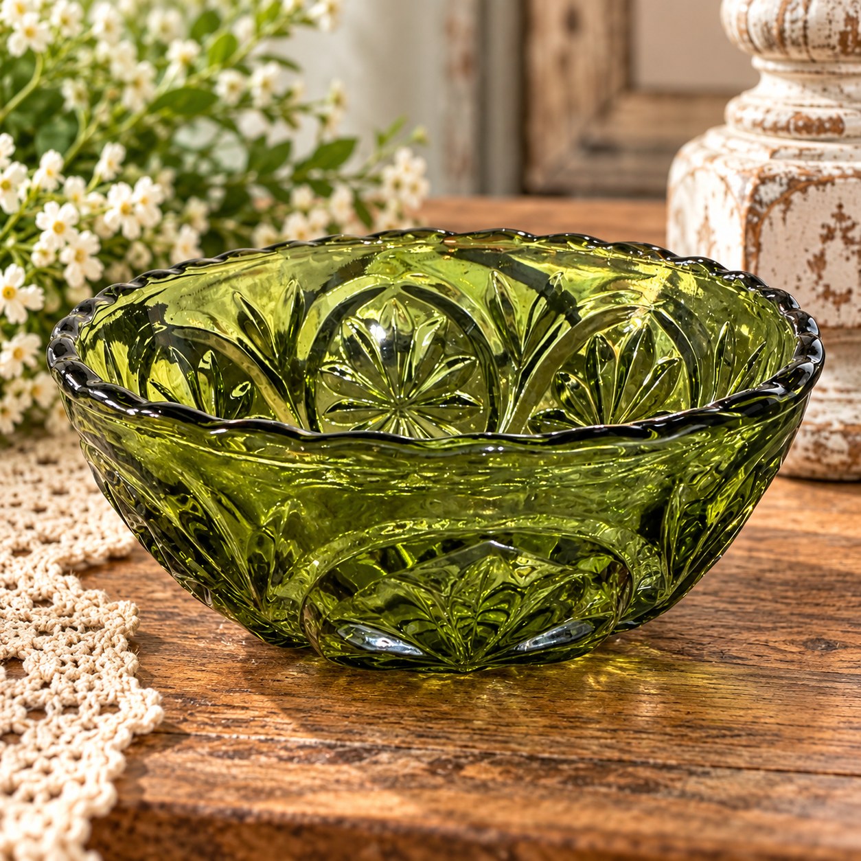 Small vintage avocado-green pressed glass berry bowl