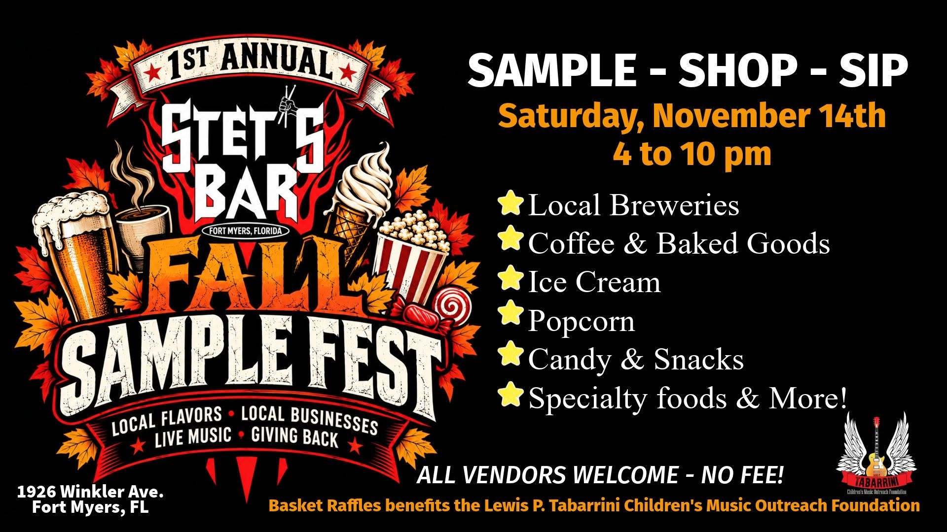 Stet’s Bar Fall Sample Fest flyer: Saturday, November 14, 2026, 4:00 PM to 10:00 PM, Stet’s Bar, 1926 Winkler Ave., Fort Myers, FL
