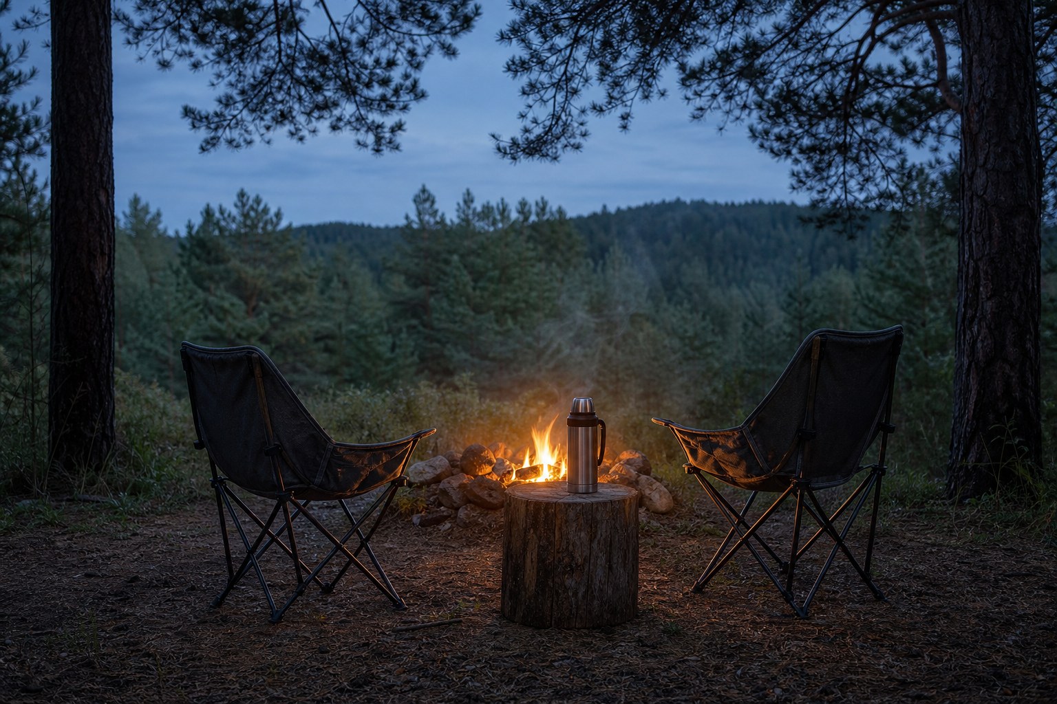Two empty camp chairs beside a small fire in a pine clearing