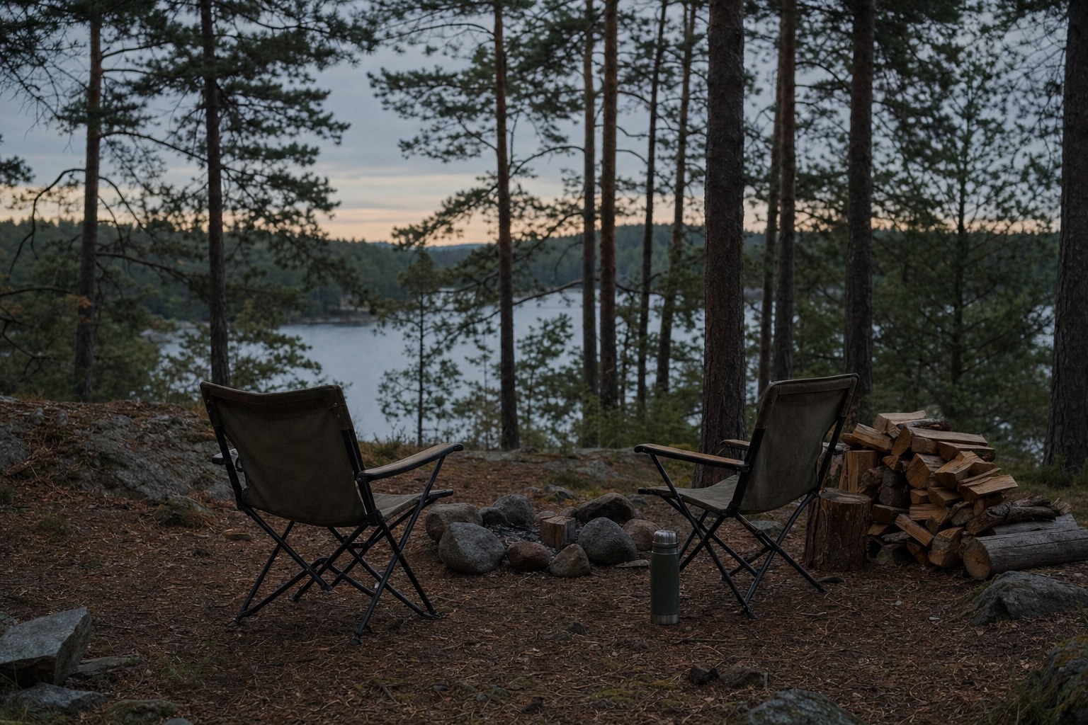 Two camp chairs near an unlit fire ring in a pine forest