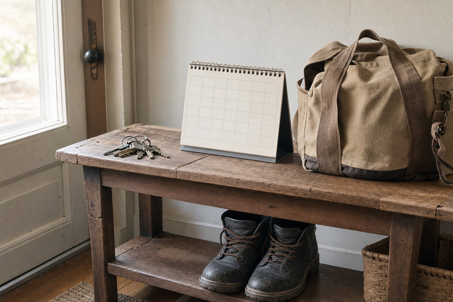 Keys, a blank calendar, canvas bag, and work boots arranged near a front door