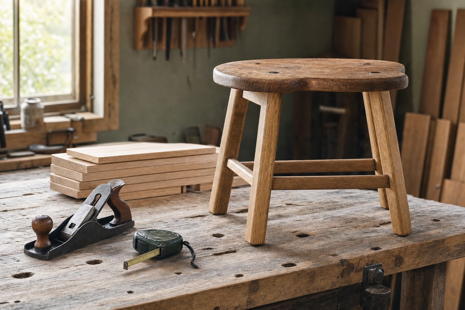 Hand plane, lumber, measuring tape, and a repaired wooden stool in a workshop
