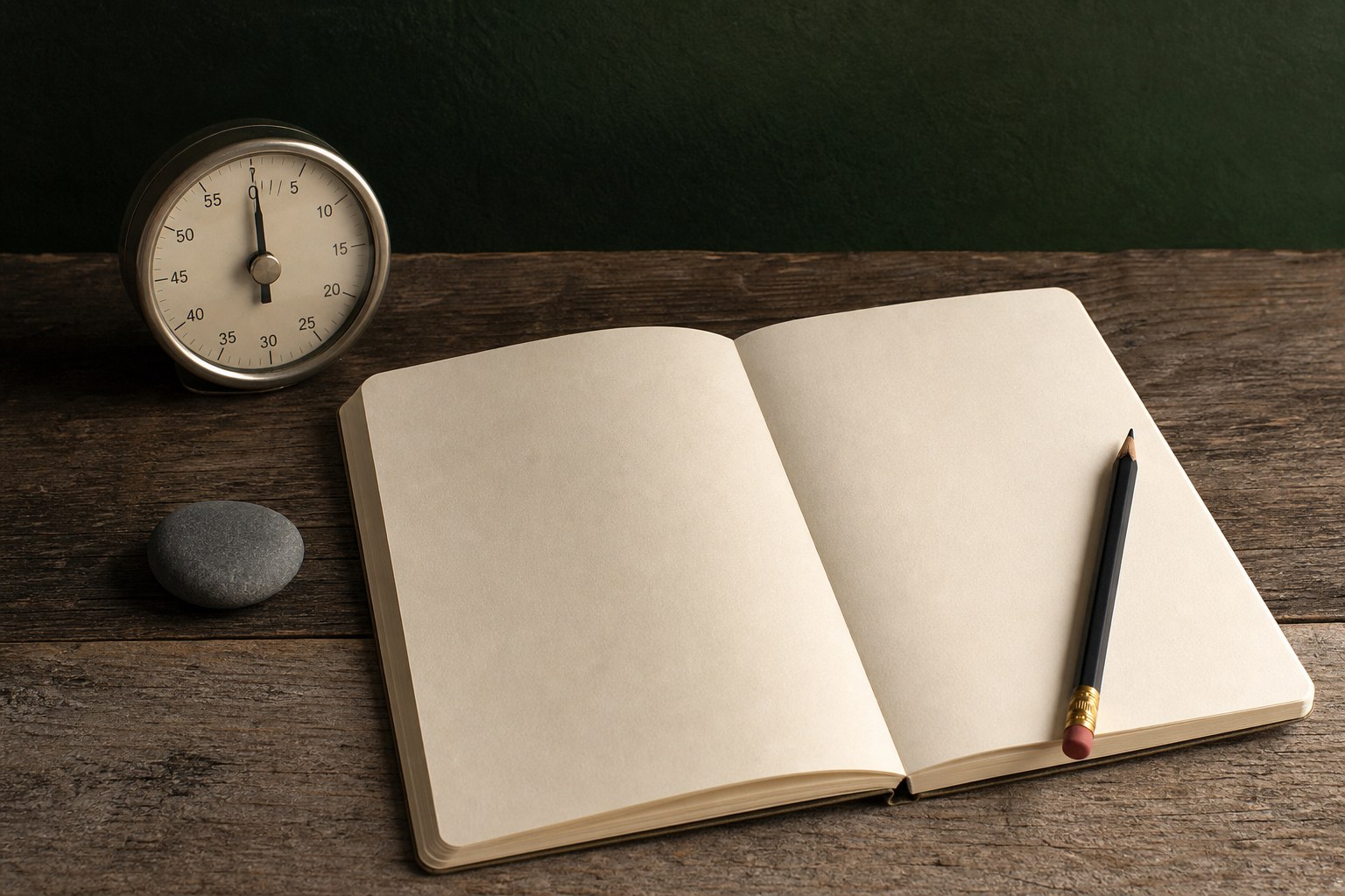 Blank notebook with a pencil, timer, and stone on a wood desk
