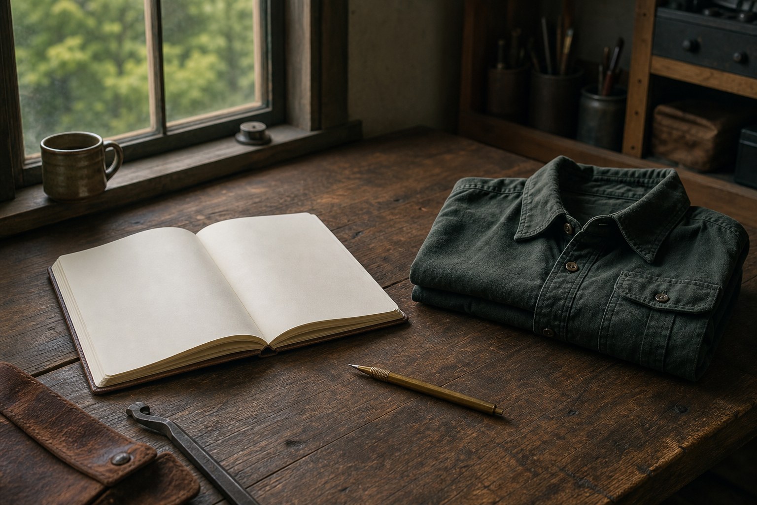 Blank notebook, pencil, and folded work shirt on a wooden table
