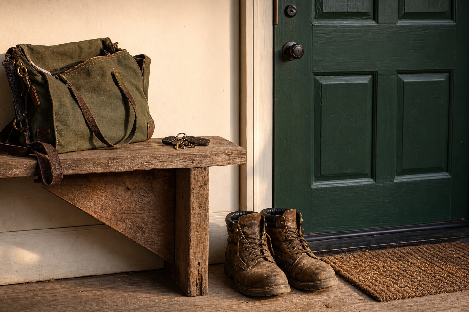 Work boots, keys, and a canvas bag by a front door