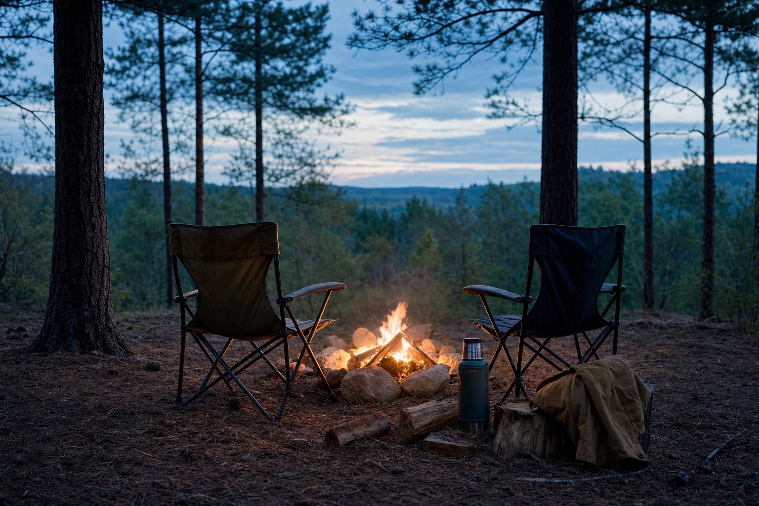 Two camp chairs beside a small fire in a pine clearing at dusk