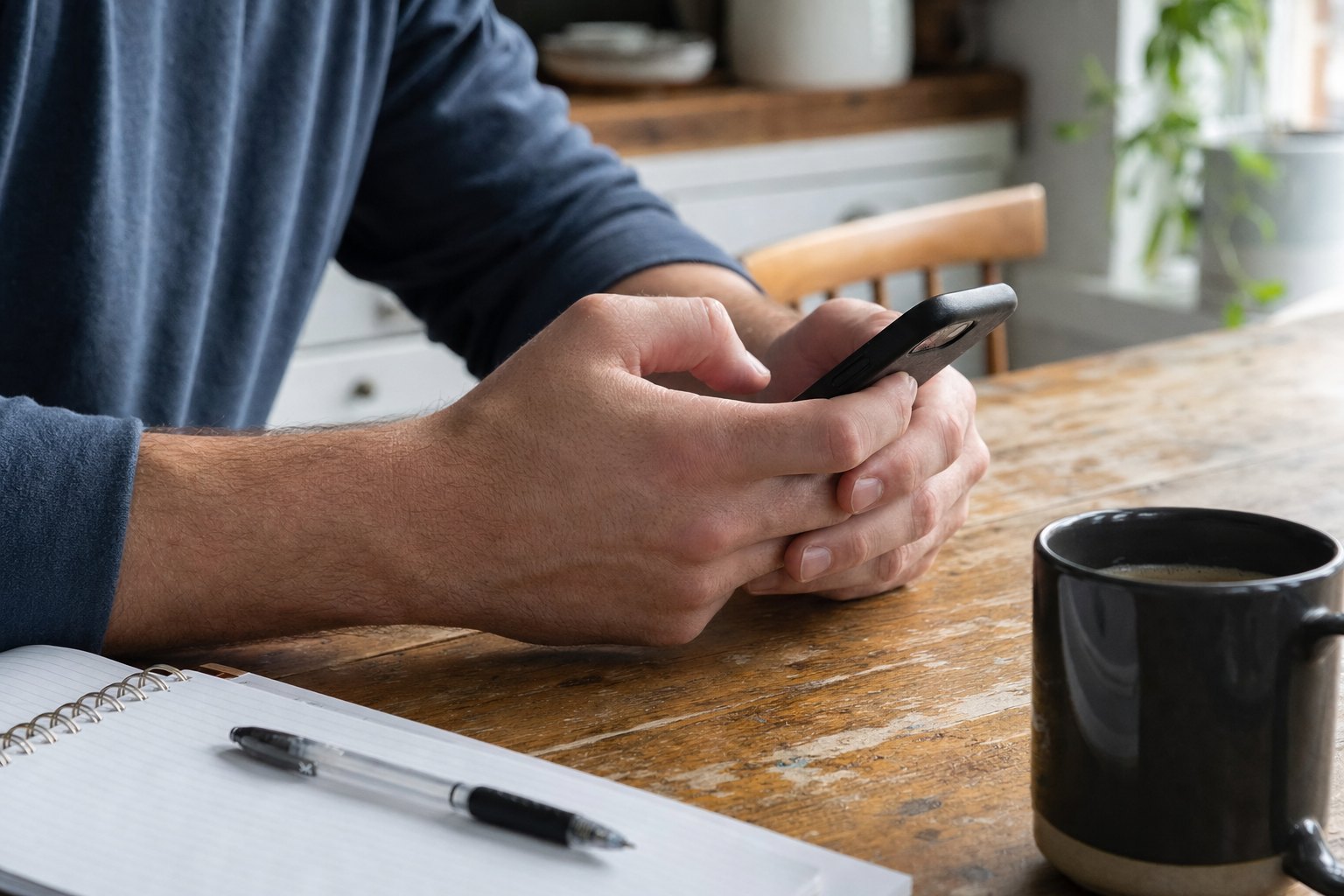 A man writing a message on his phone beside a notebook and coffee