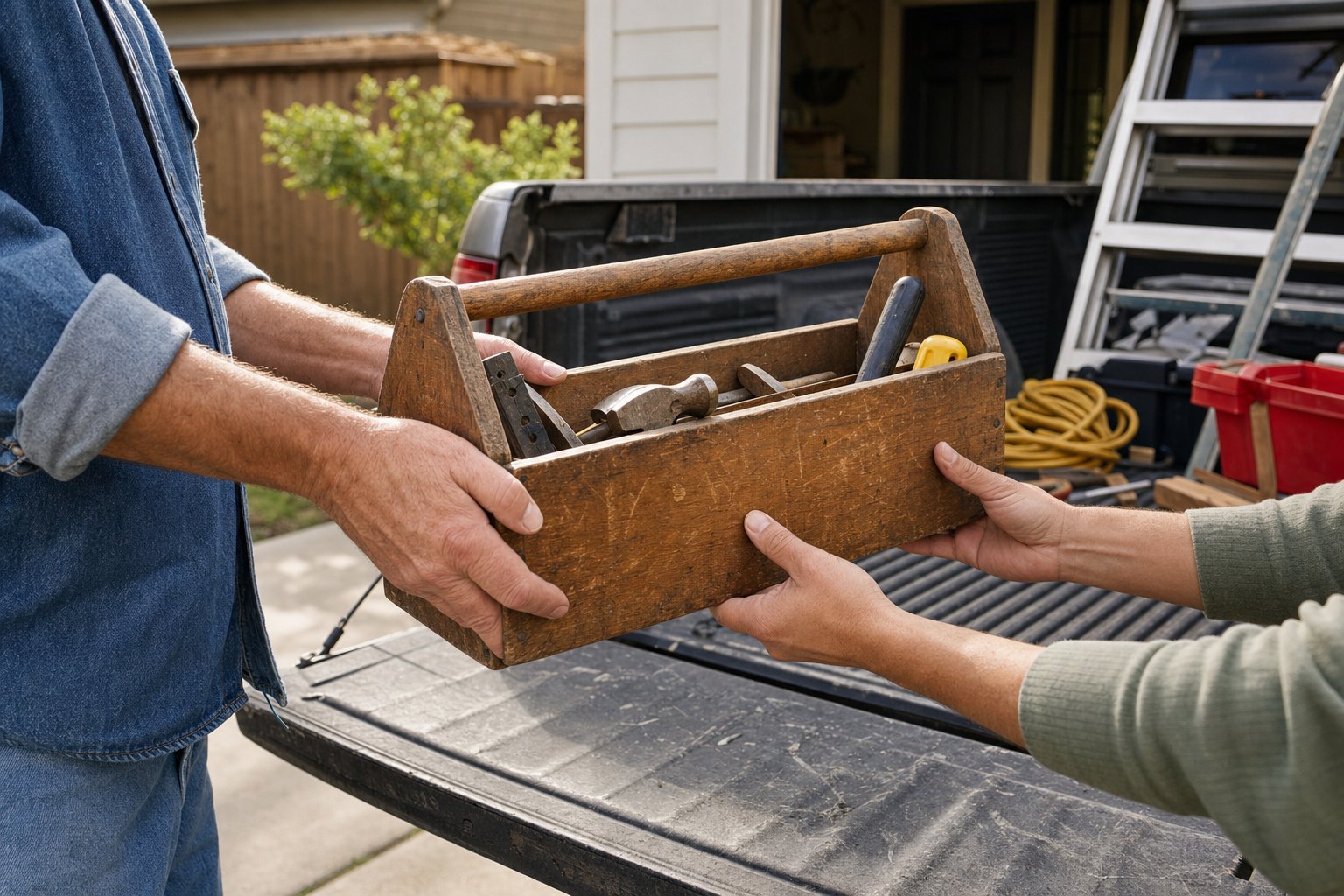 Two people passing a weathered wooden toolbox during a home repair project