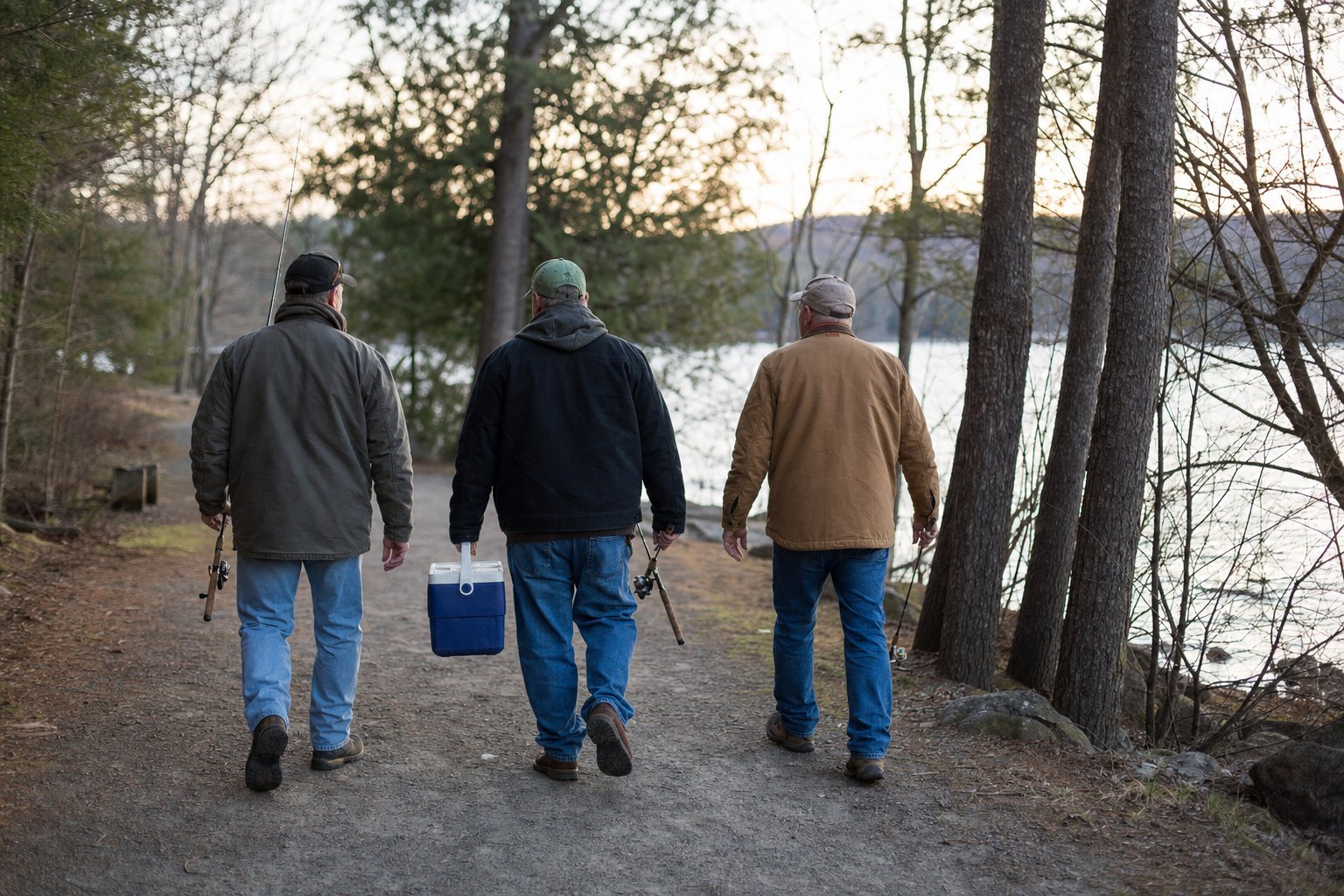 Three men walking together toward a lake with fishing gear