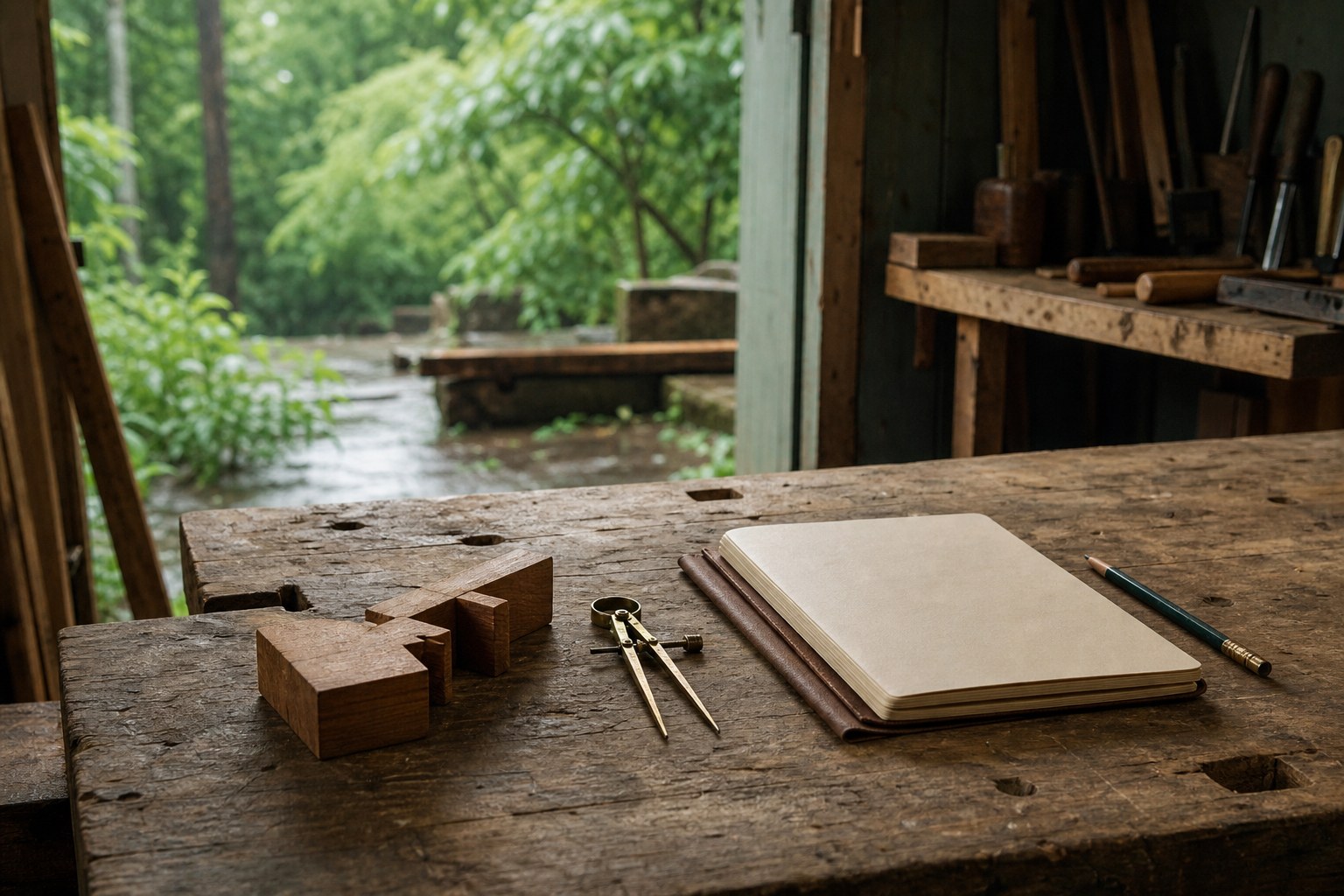 Workshop bench with a blank notebook, compass, pencil, and hand-cut wooden joint