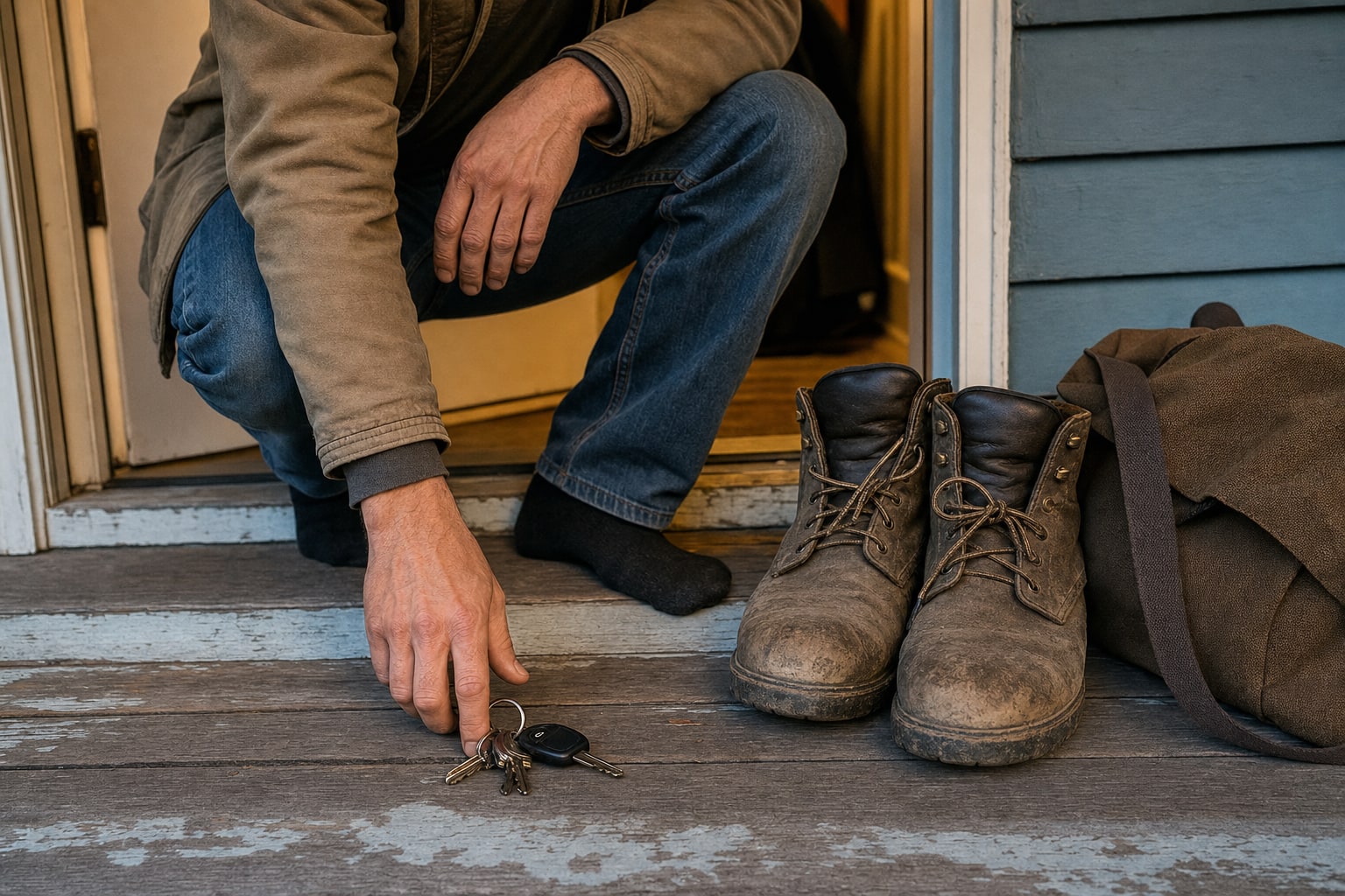 Hand placing keys beside work boots near a front door