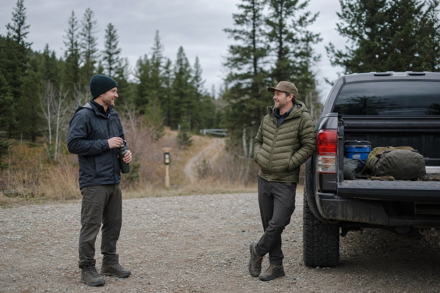 Two men having a calm conversation beside a truck at a trailhead