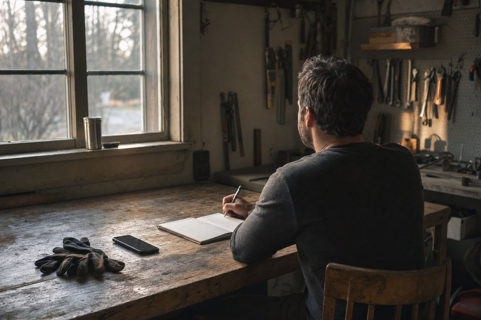 Man sitting at a workshop bench with a notebook, work gloves, and phone