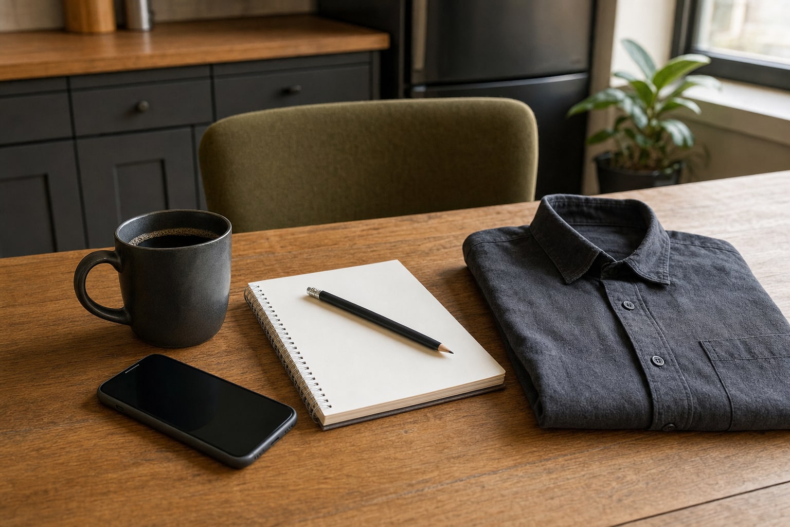 Notebook, phone, coffee mug, and folded work shirt on a kitchen table