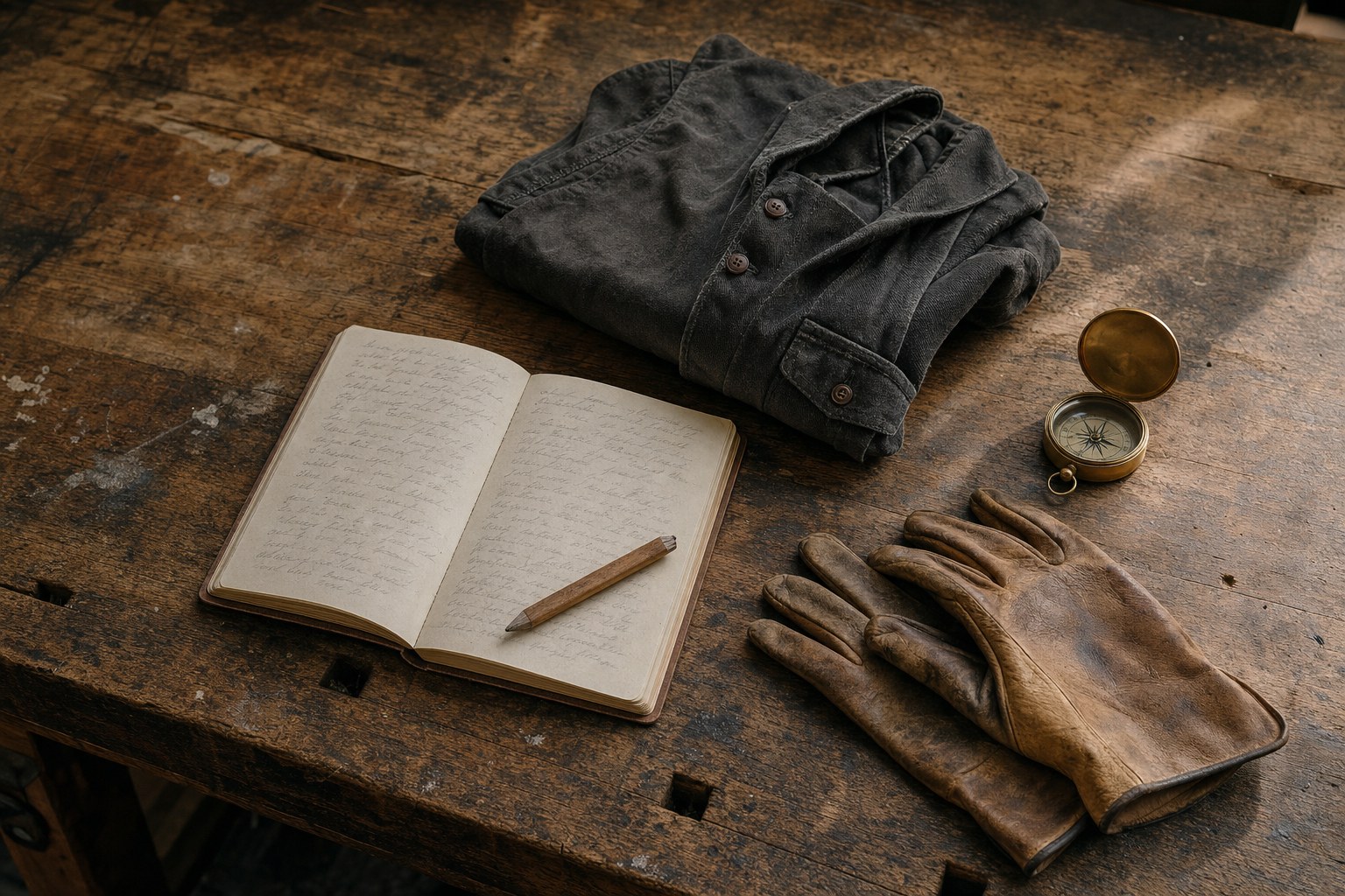 Notebook, work gloves, compass, and folded work shirt on a weathered workshop bench