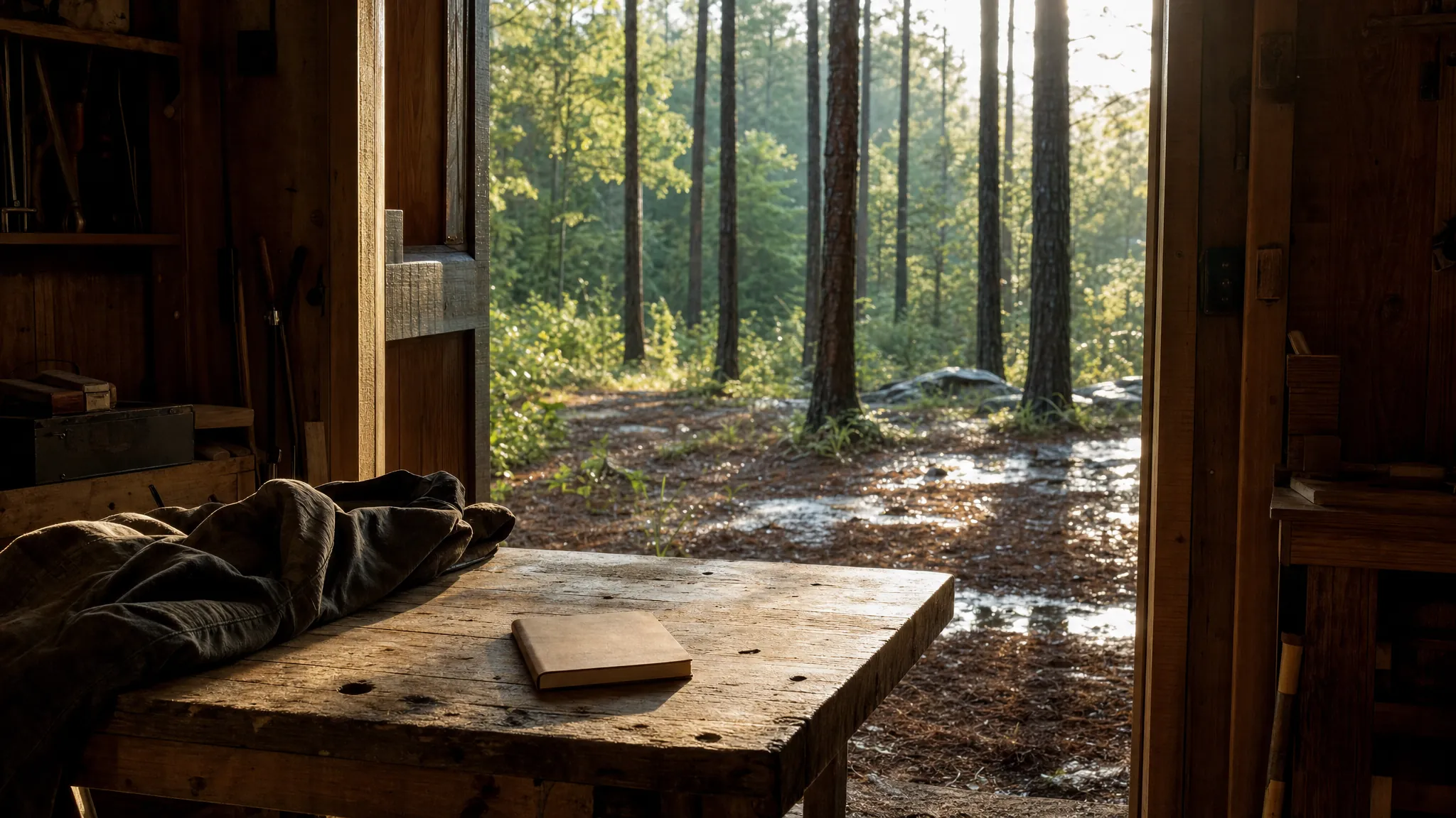 Quiet wood workshop opening toward pine trees after rain